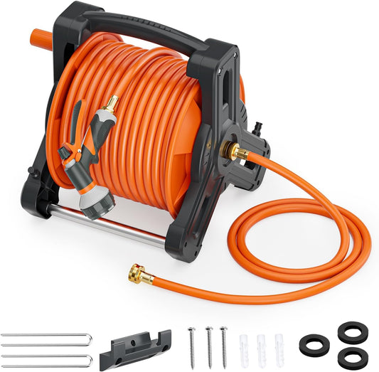 Portable Garden Hose Reel with 75Ft Rubber Water Hose & 6.5Ft Guide Water Pipe, Wall Mount/Floor Spool