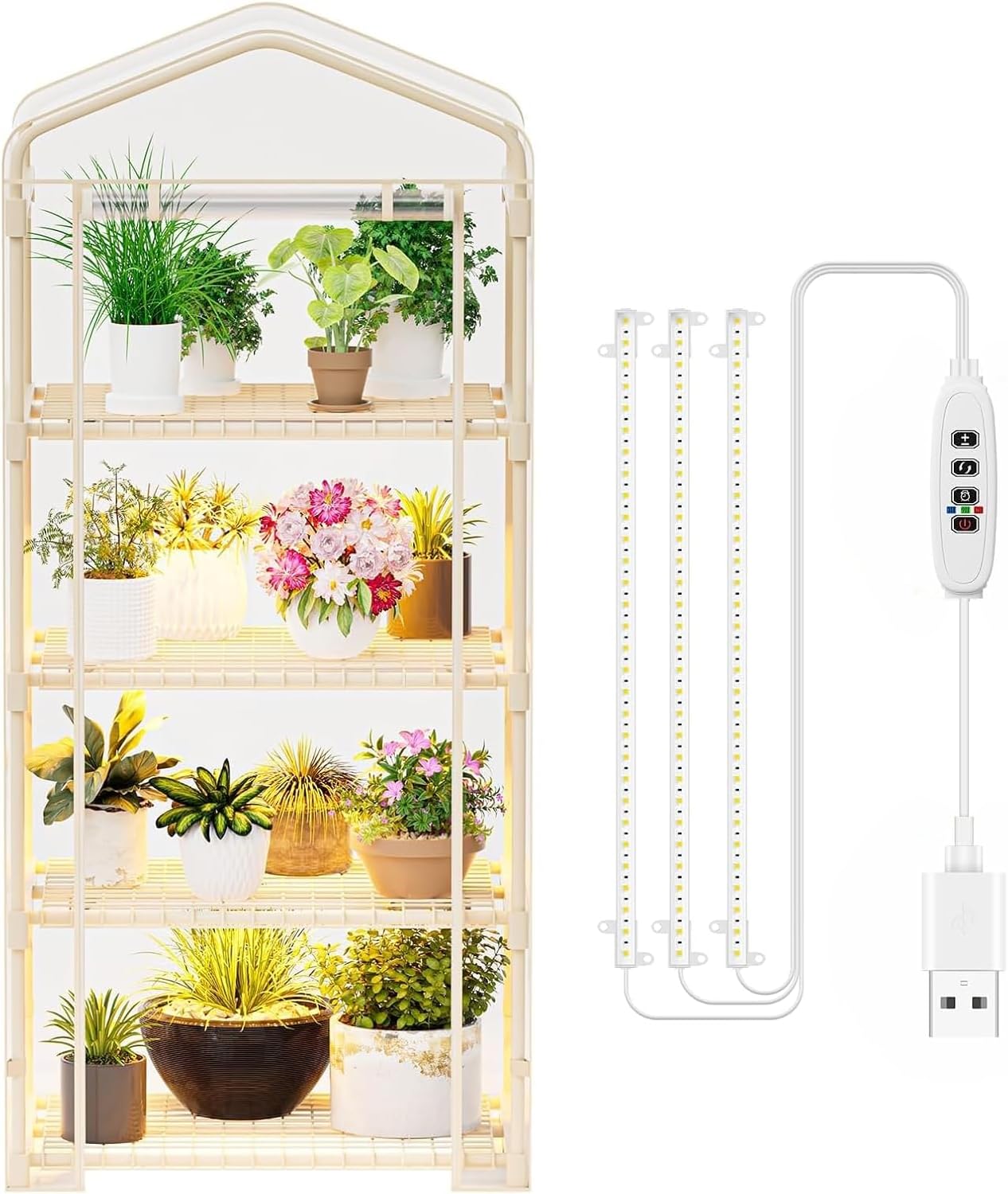 4 Tiers Indoor/Outdoor Mini Greenhouse with Zip, PVC Cover and Dimmable 45W Full Spectrum Plant Light with Timer