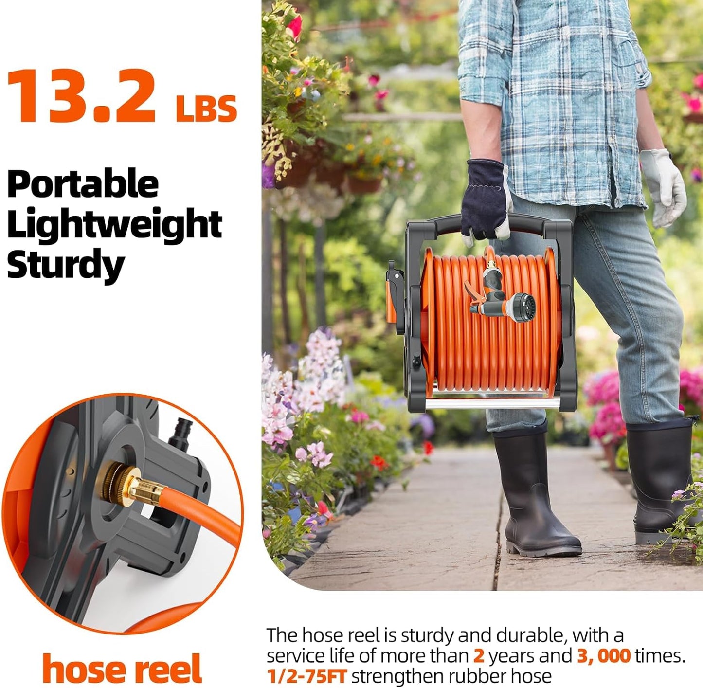 Portable Garden Hose Reel with 75Ft Rubber Water Hose & 6.5Ft Guide Water Pipe, Wall Mount/Floor Spool
