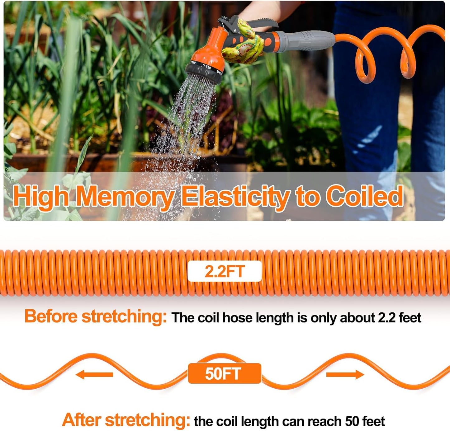 3/8” Lightweight Coil Garden Hose, EVA Flexible Curly Water Pipes with Nozzle, 50/75/100 Ft