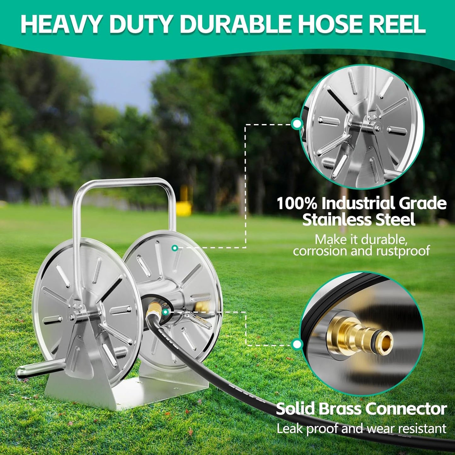 Stainless Steel Garden Hose Reel, Wall Mount/Floor Spool, with 7ft Leader Water Pipe, 3/4 Brass Connector