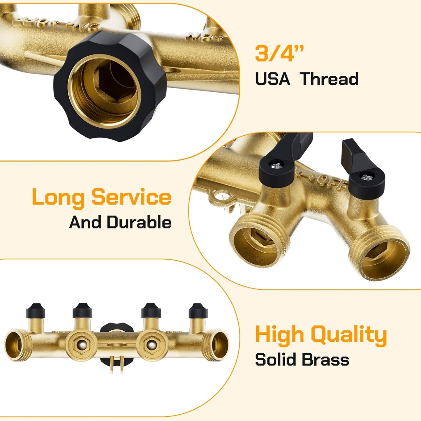4 Way Brass Garden Hose Splitter, Hose Connector 3/4 Inch, with 6 Rubber Washers and 1 Tape