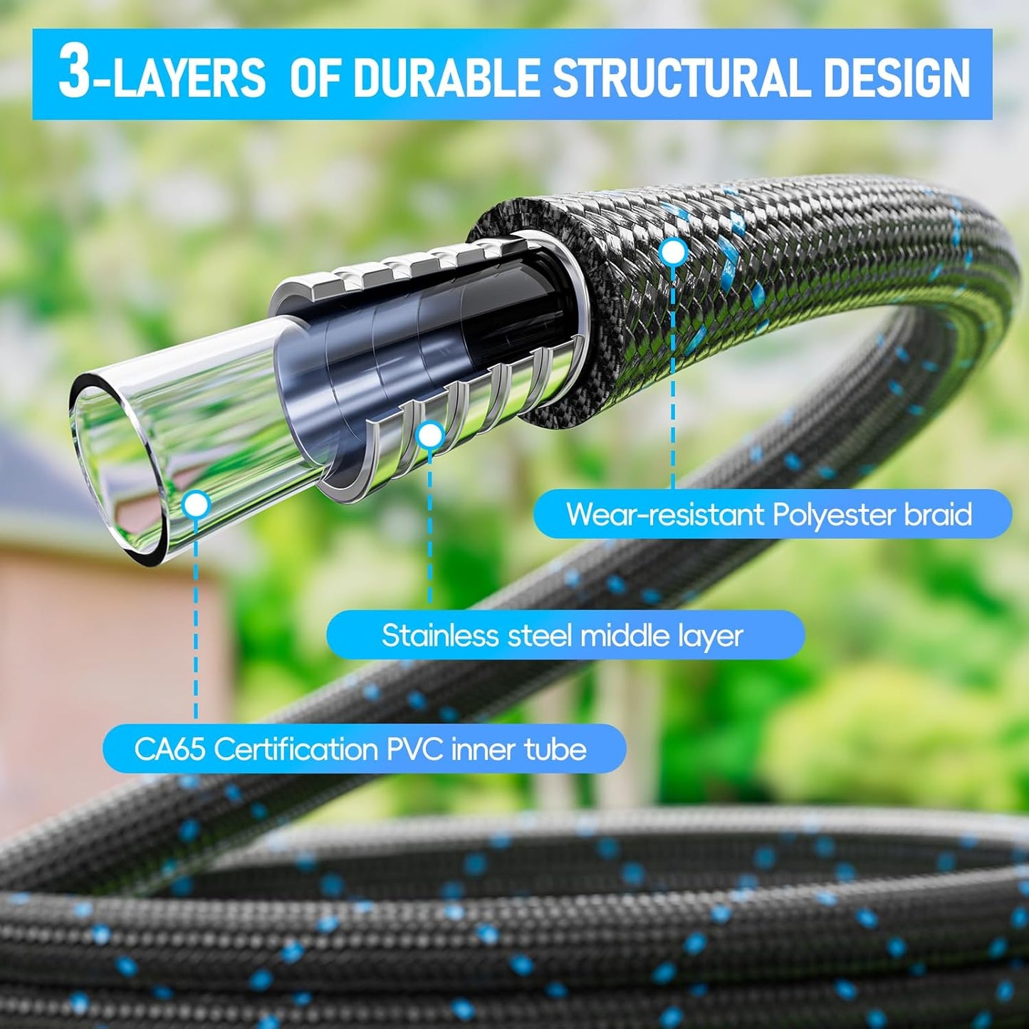 Non-Expanding & Lightweight Stainless Steel Hose with 8 Pattern Spray Nozzle, 25/50/75/100 Ft