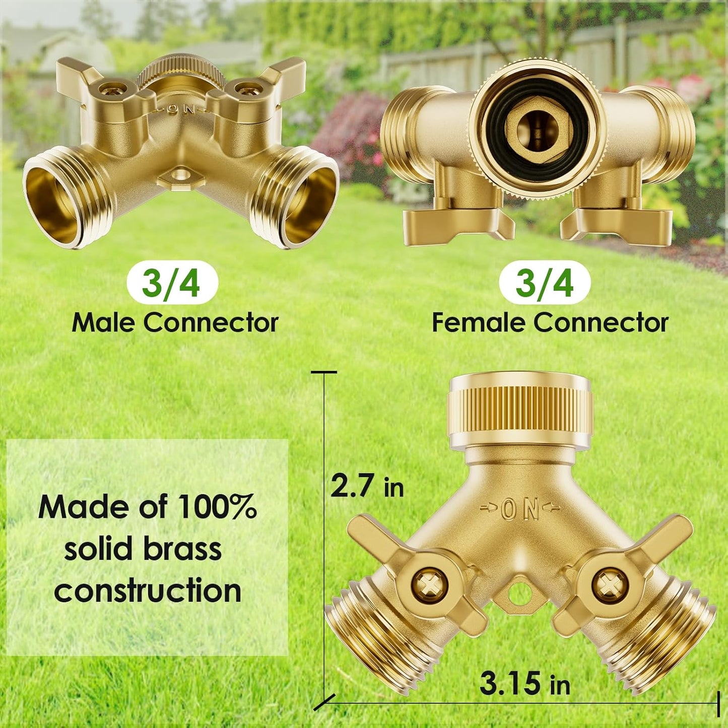 2 Way Full Brass Garden Hose Splitter with 6 Extra Rubber Washers, 1 Teflon Tape