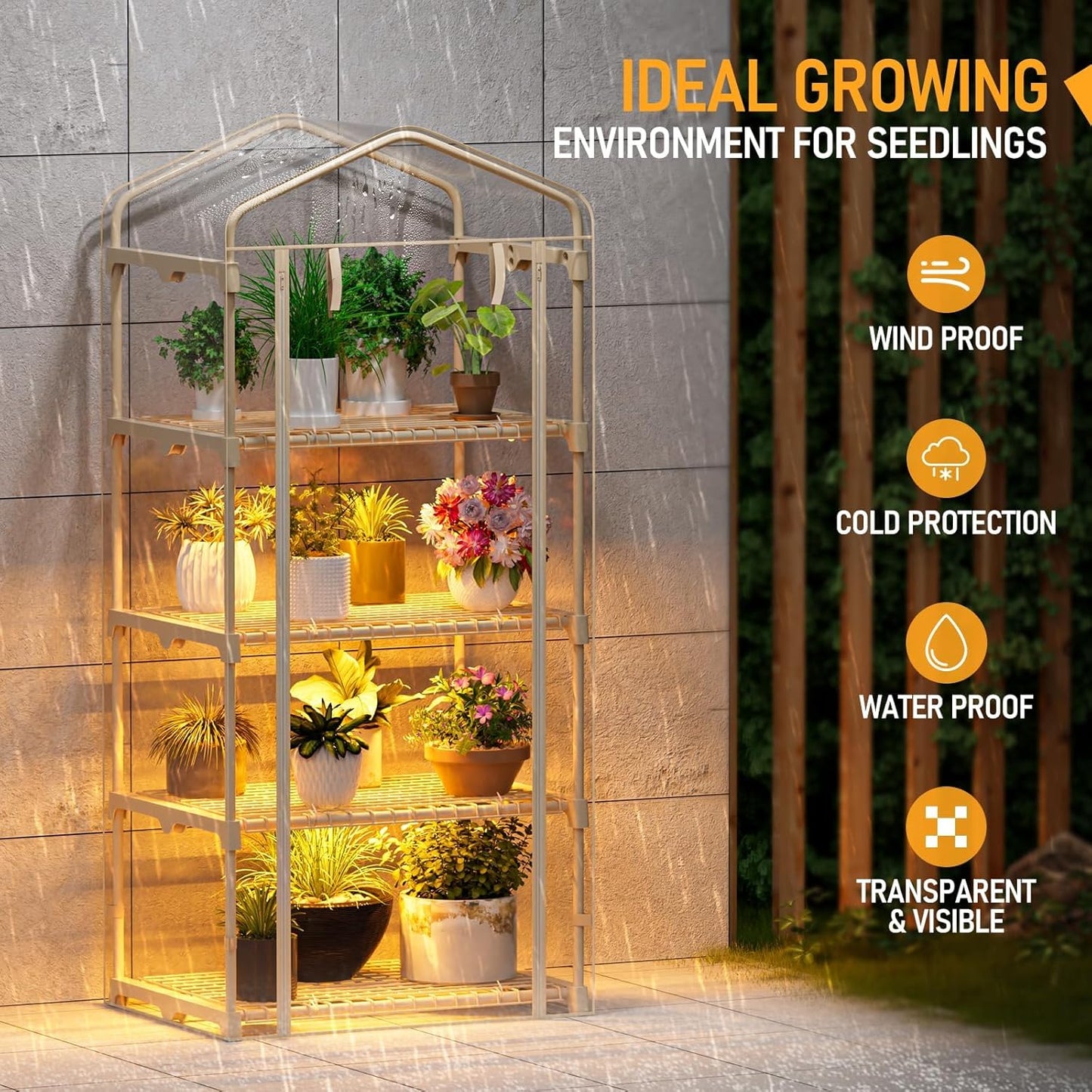 4 Tiers Indoor/Outdoor Mini Greenhouse with Zip, PVC Cover and Dimmable 45W Full Spectrum Plant Light with Timer