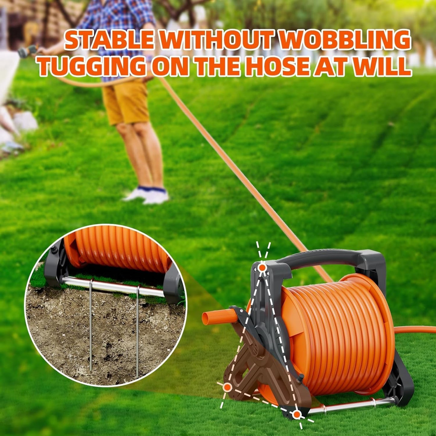 Portable Garden Hose Reel with 75Ft Rubber Water Hose & 6.5Ft Guide Water Pipe, Wall Mount/Floor Spool