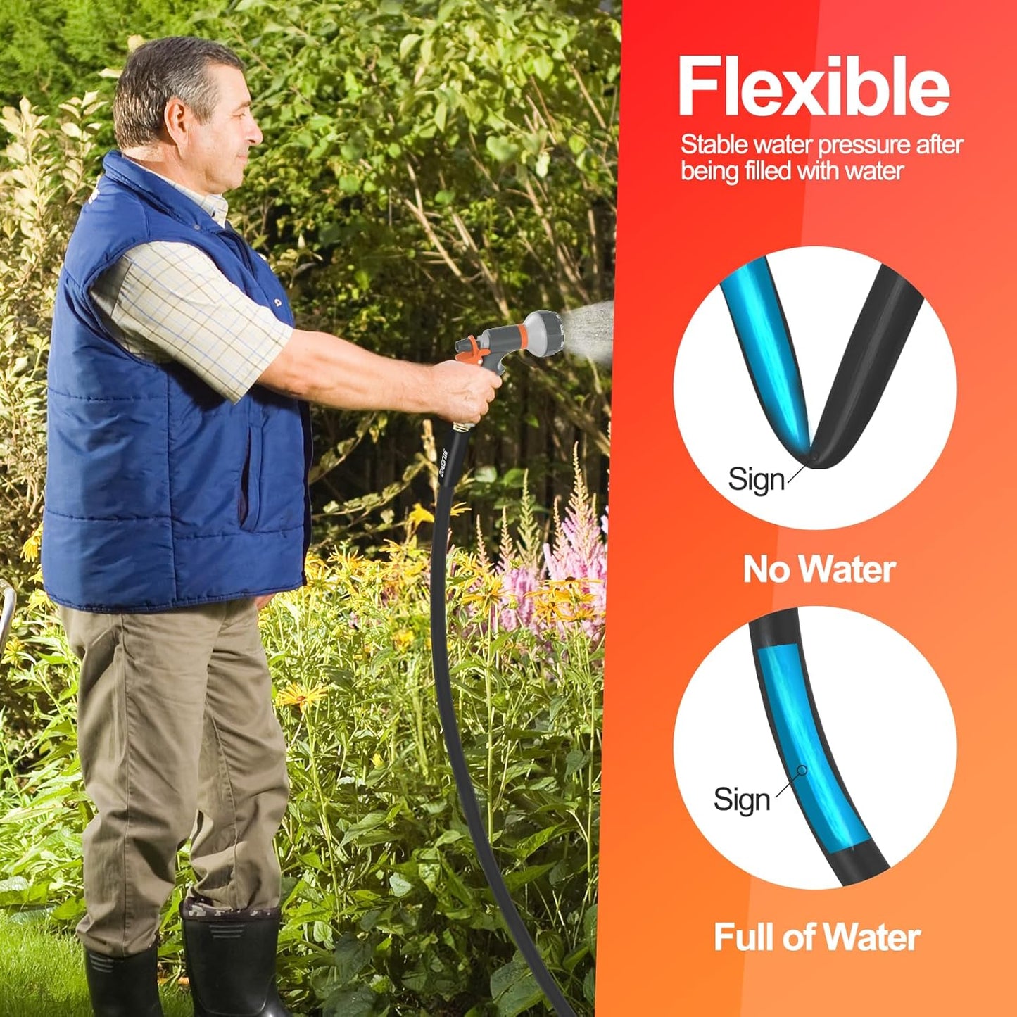 5/8 in Black Garden Hose Heavy Duty, Flexible and Lightweight, 25/50/75/150/200 Ft