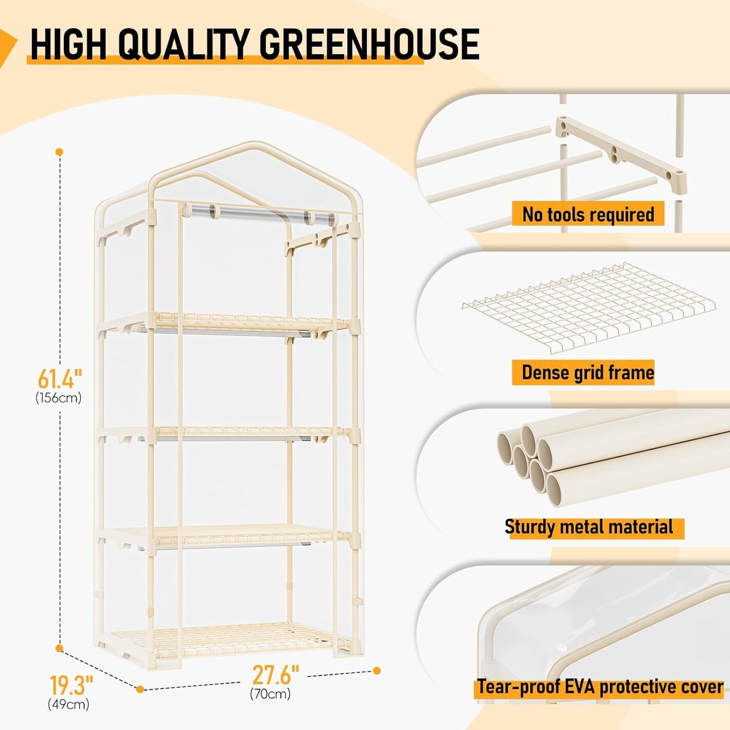 4 Tiers Indoor/Outdoor Mini Greenhouse with Zip, PVC Cover and Dimmable 45W Full Spectrum Plant Light with Timer