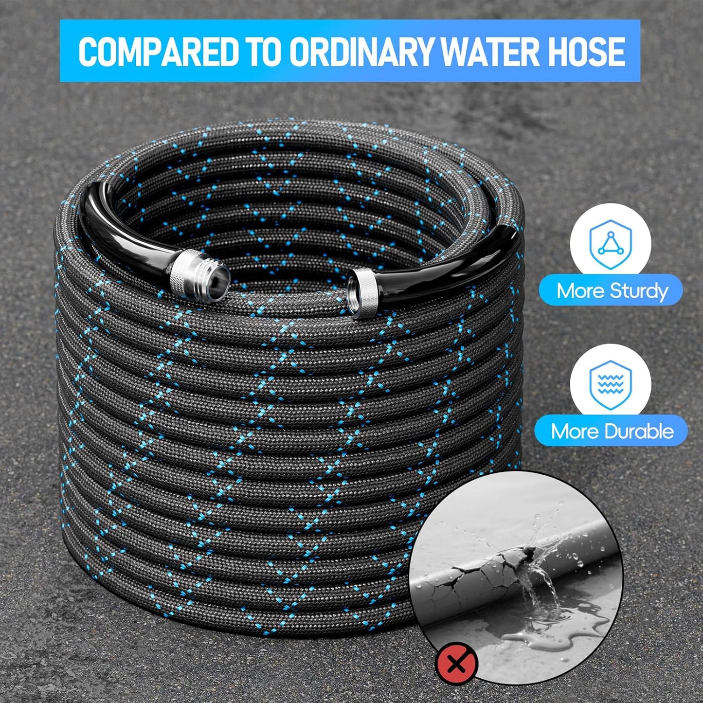 Non-Expanding & Lightweight Stainless Steel Hose with 8 Pattern Spray Nozzle, 25/50/75/100 Ft