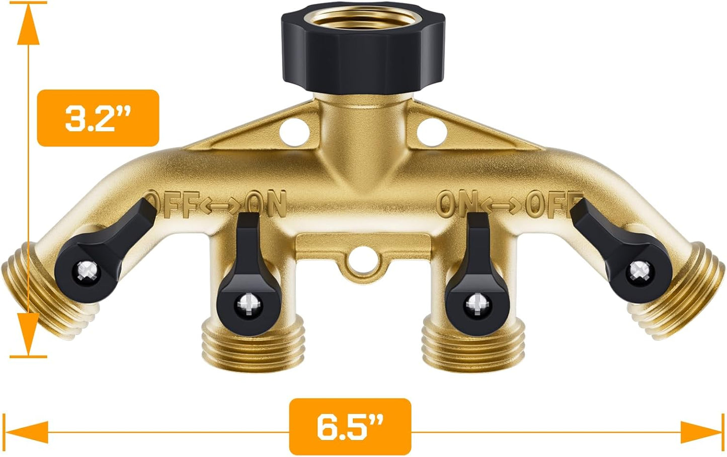 4 Way Brass Garden Hose Splitter, Hose Connector 3/4 Inch, with 6 Rubber Washers and 1 Tape