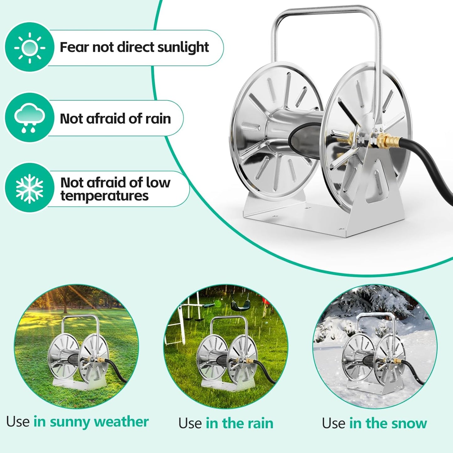 Stainless Steel Garden Hose Reel, Wall Mount/Floor Spool, with 7ft Leader Water Pipe, 3/4 Brass Connector