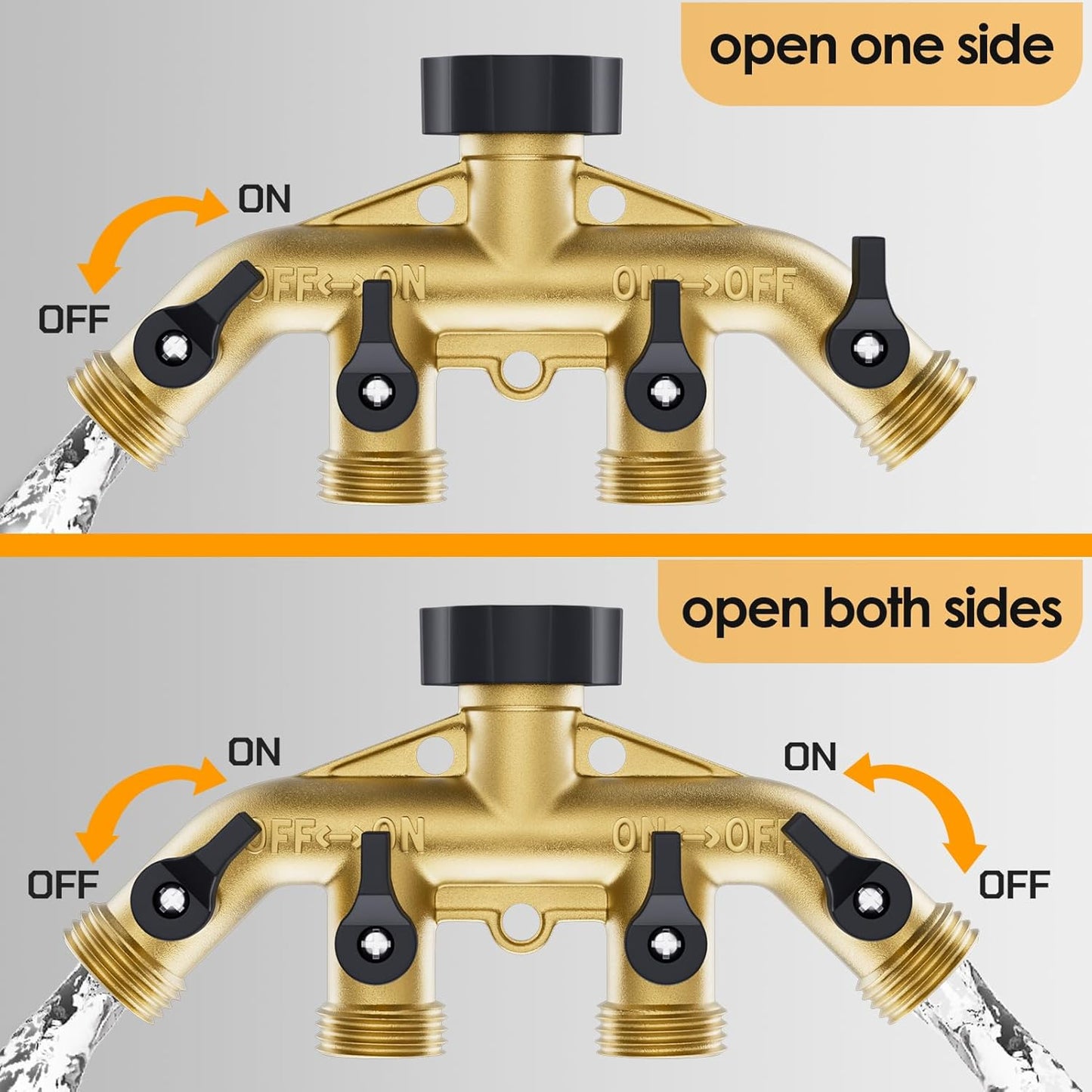 4 Way Brass Garden Hose Splitter, Hose Connector 3/4 Inch, with 6 Rubber Washers and 1 Tape