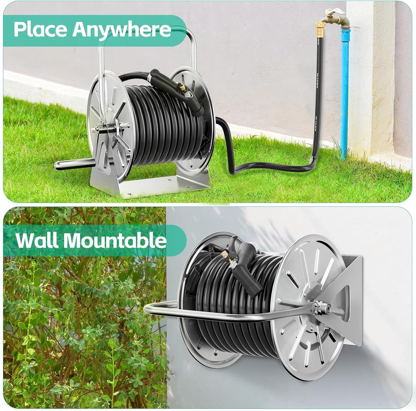 Stainless Steel Garden Hose Reel, Wall Mount/Floor Spool, with 7ft Leader Water Pipe, 3/4 Brass Connector
