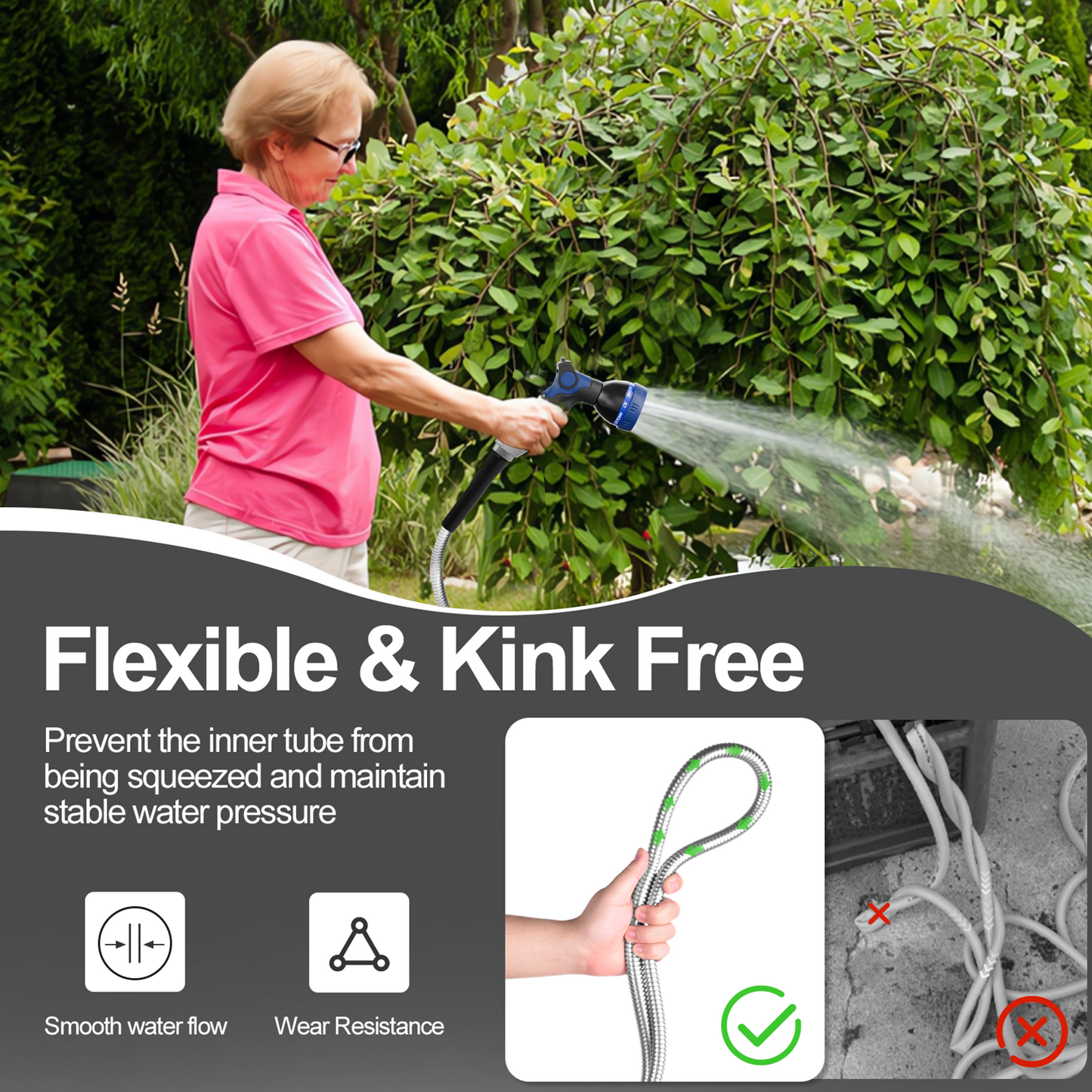 3/8" 304 Stainless Steel Garden Hose Metal with Nozzle, 25/50/75/100/125/150/175/200 Ft