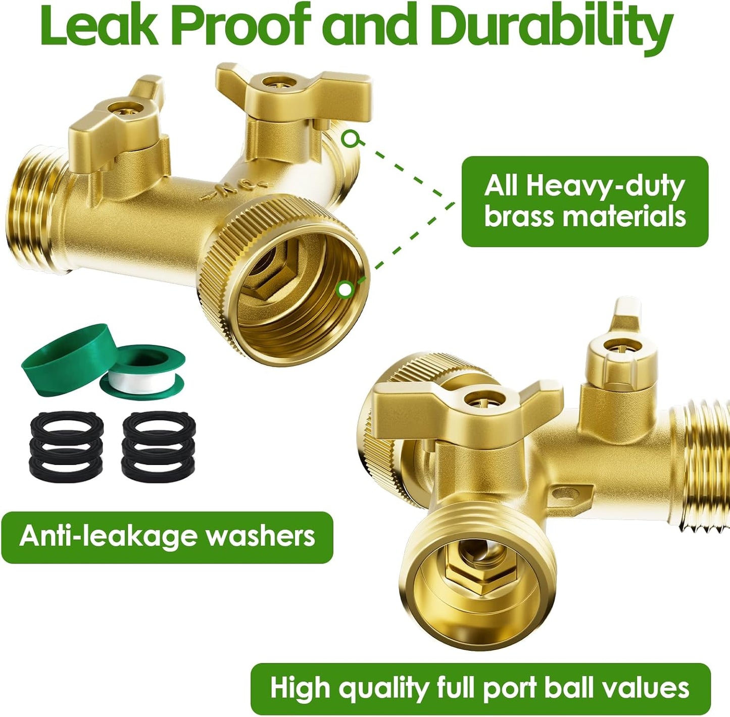 2 Way Full Brass Garden Hose Splitter with 6 Extra Rubber Washers, 1 Teflon Tape