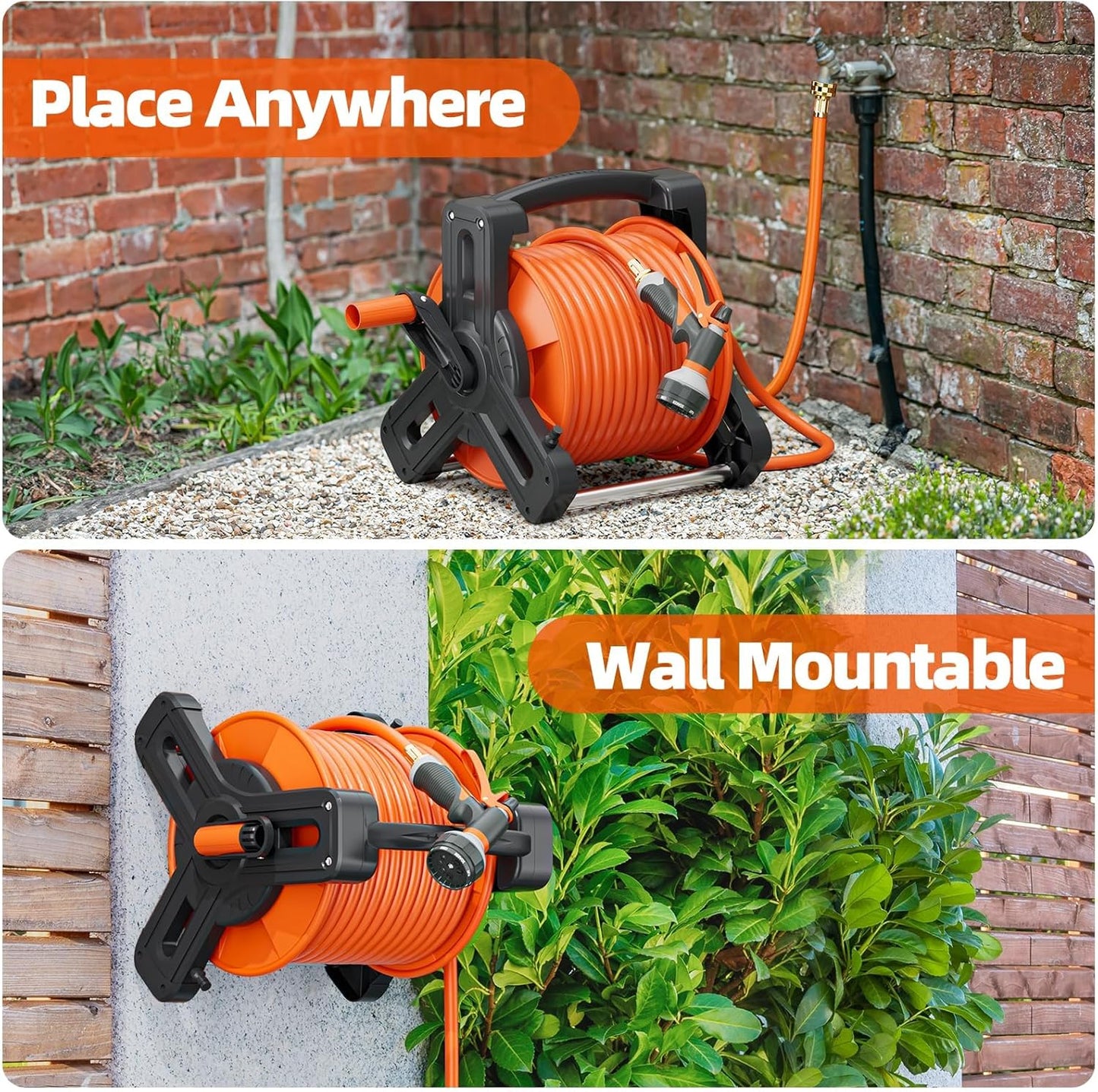 Portable Garden Hose Reel with 75Ft Rubber Water Hose & 6.5Ft Guide Water Pipe, Wall Mount/Floor Spool