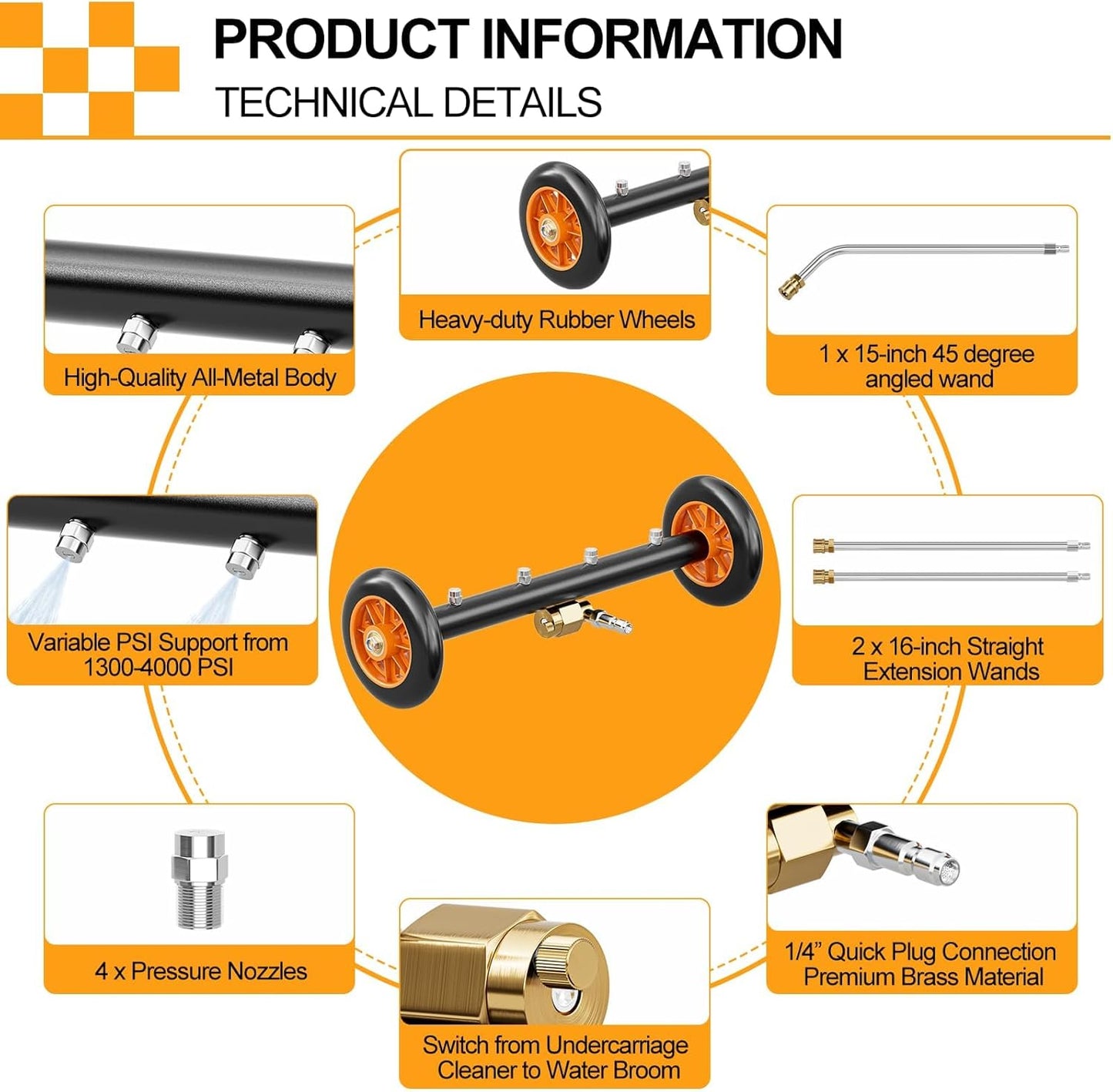 16 Inch Undercarriage Pressure Washer with 3 Extension Wands, Dual-Function Under Car Cleaner with 4 Nozzles