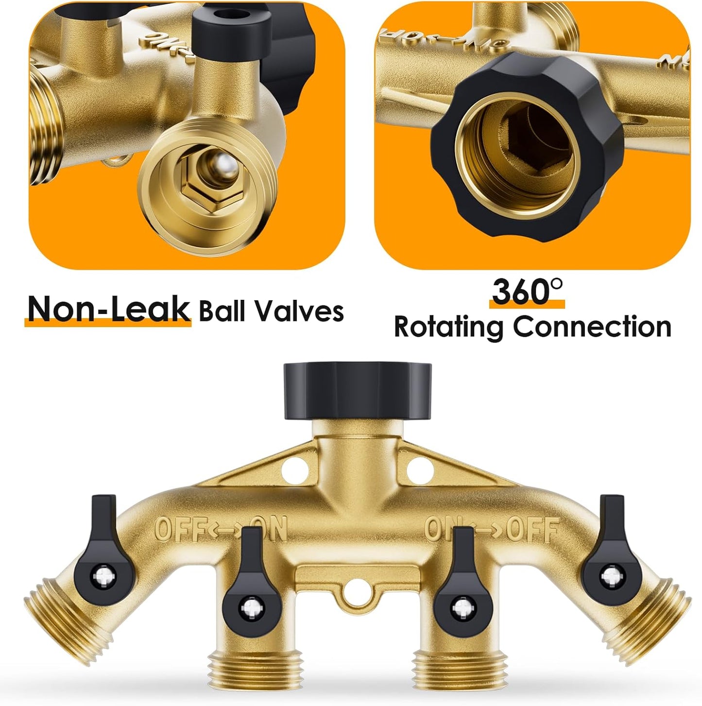4 Way Brass Garden Hose Splitter, Hose Connector 3/4 Inch, with 6 Rubber Washers and 1 Tape