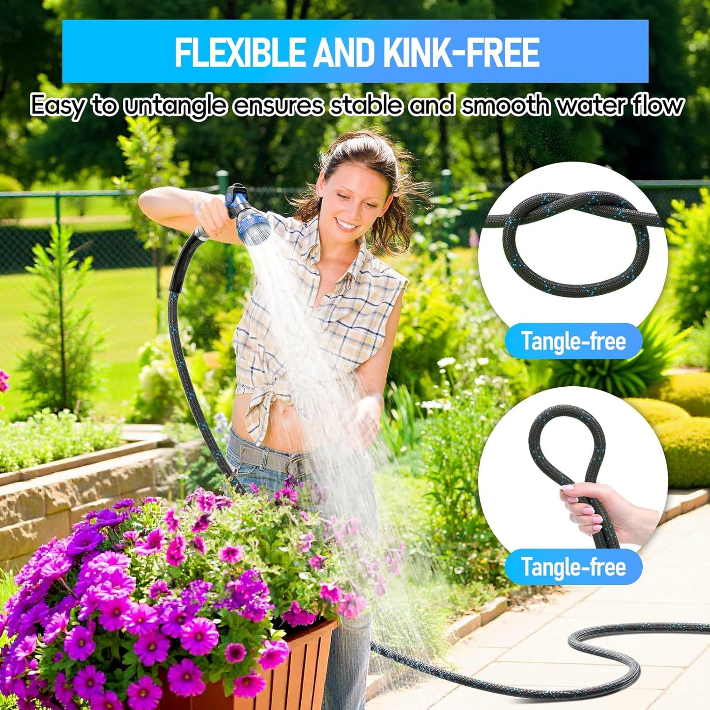 Non-Expanding & Lightweight Stainless Steel Hose with 8 Pattern Spray Nozzle, 25/50/75/100 Ft