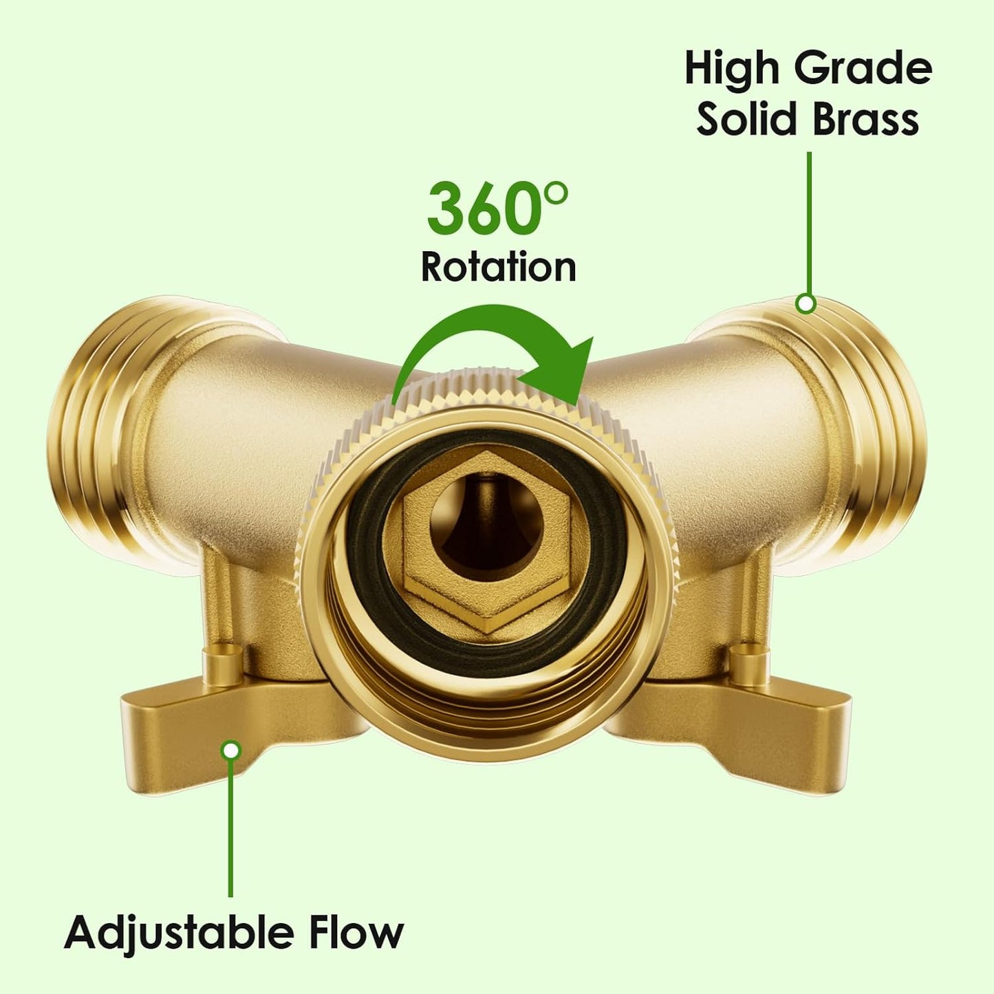 2 Way Full Brass Garden Hose Splitter with 6 Extra Rubber Washers, 1 Teflon Tape