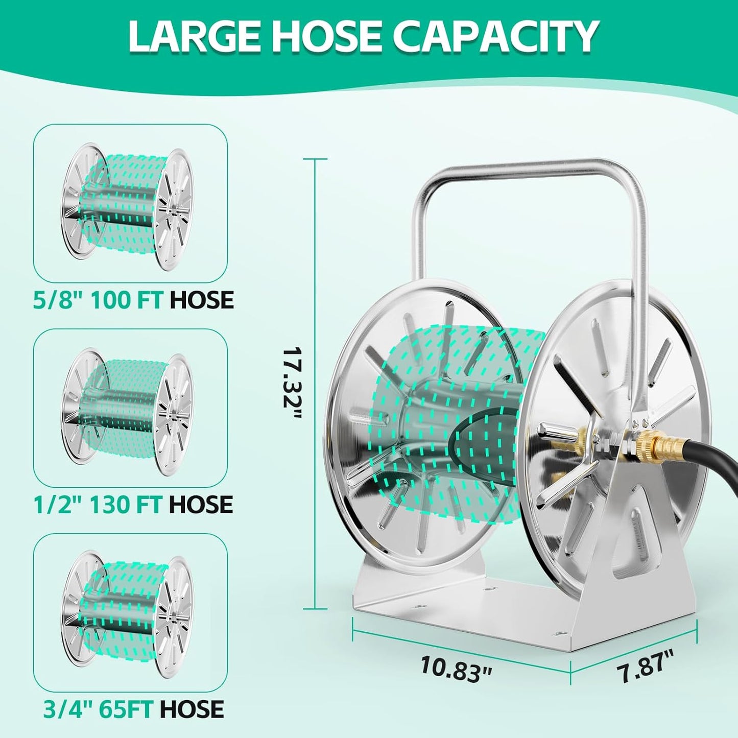 Stainless Steel Garden Hose Reel, Wall Mount/Floor Spool, with 7ft Leader Water Pipe, 3/4 Brass Connector