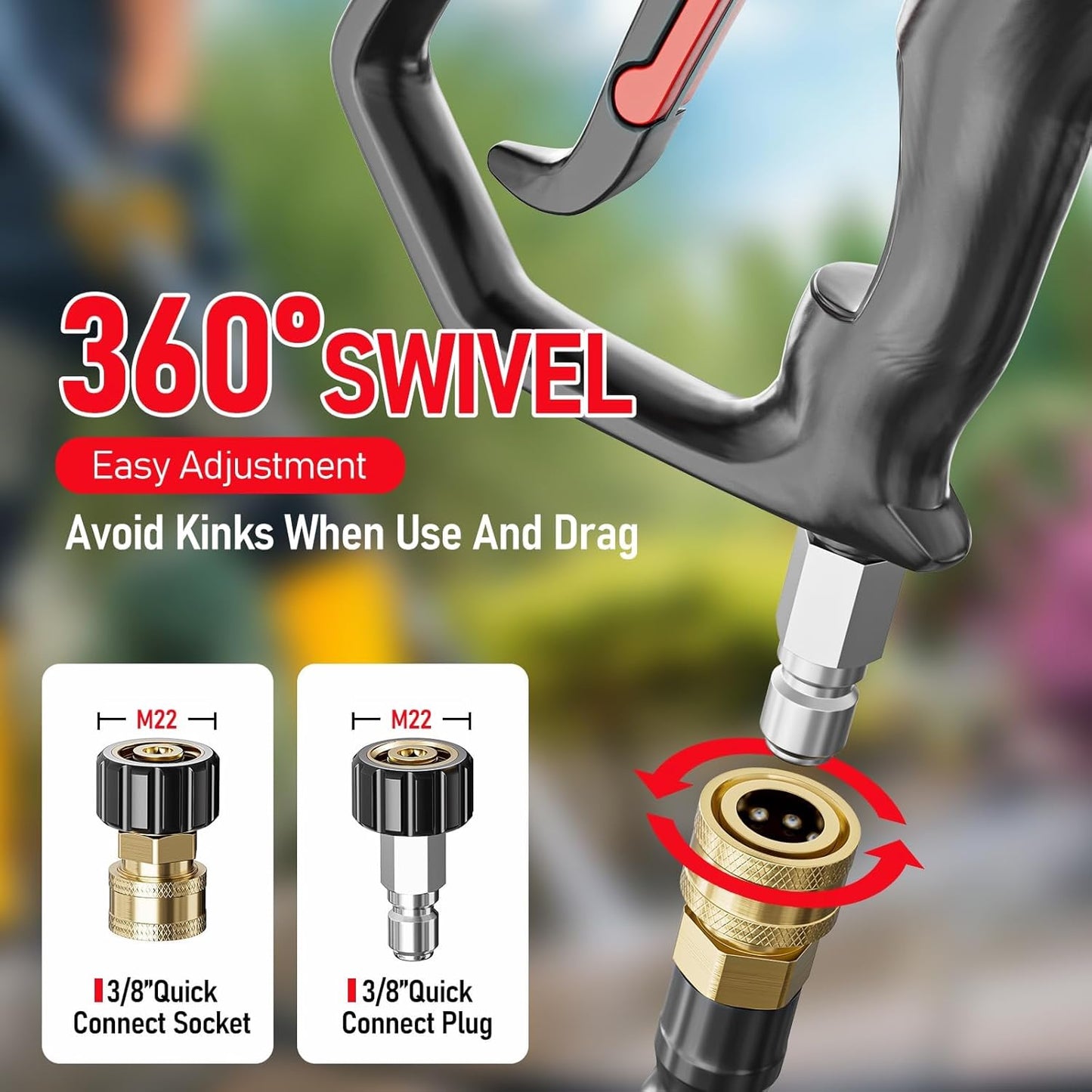 3/8" Pressure Washer Hose with 2 M22-14mm QC Adapters, Heavy Duty and Kink Resistant