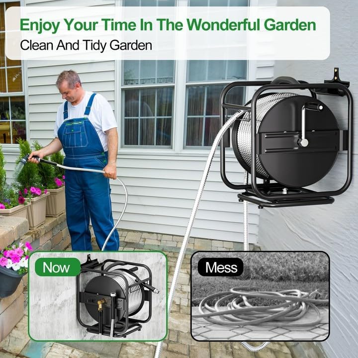 Metal Garden Hose Reel With 100 Ft 304 Stainless Steel Hose & Aluminum Nozzle, Wall Mount/Floor Spool