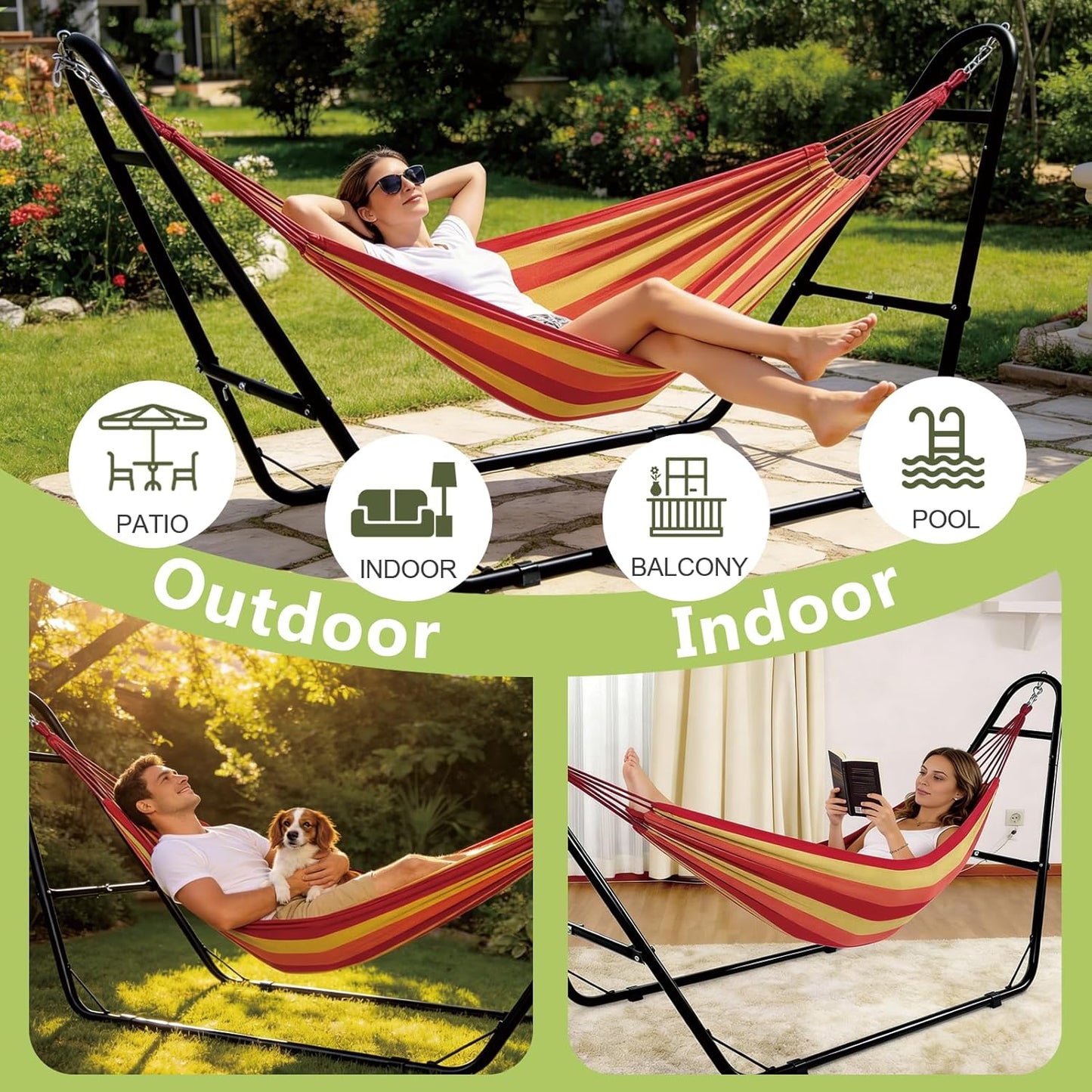 Duble Heavy Duty Steel Hammock Stand Only, 550 Pound Capacity, Portable, Easy Assembly, Adjustable for Indoor, Yard, Caping, or Outdoor, Patio LBS