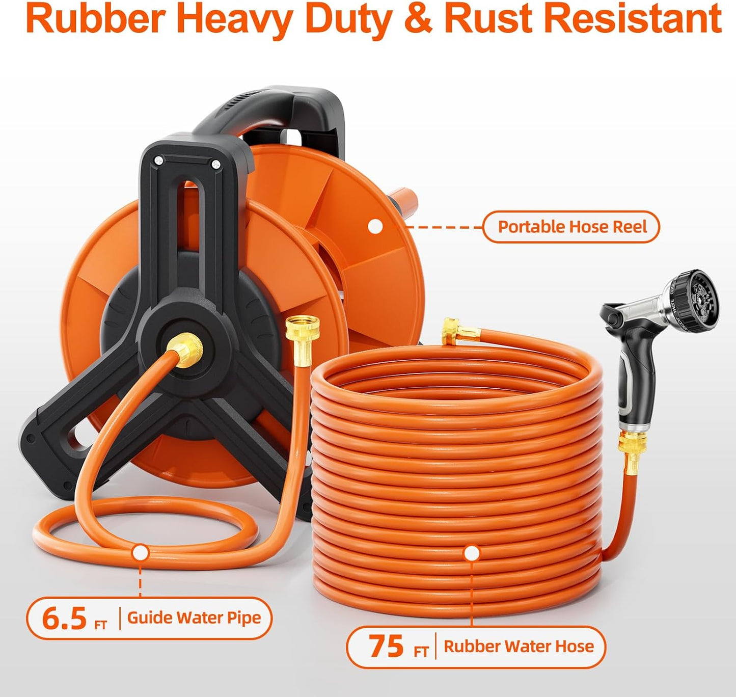 Portable Garden Hose Reel with 75Ft Rubber Water Hose & 6.5Ft Guide Water Pipe, Wall Mount/Floor Spool