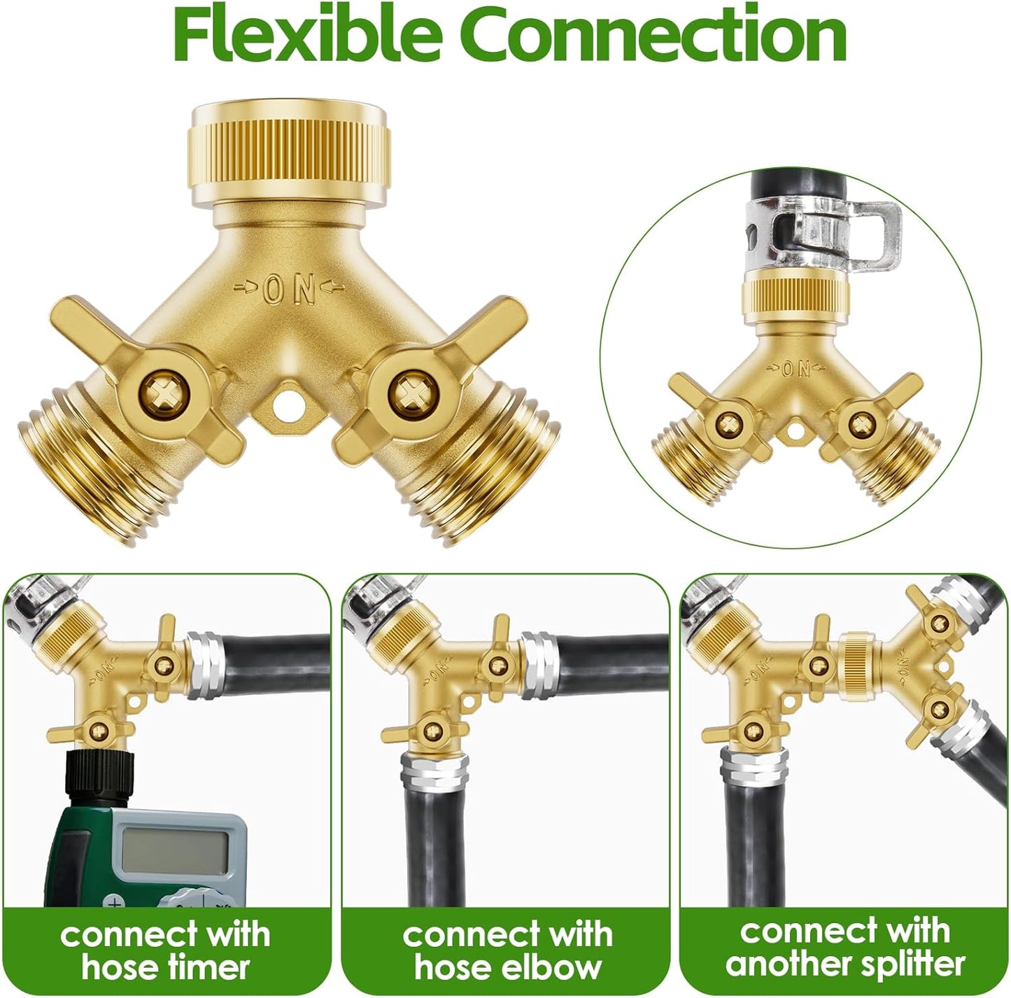 2 Way Full Brass Garden Hose Splitter with 6 Extra Rubber Washers, 1 Teflon Tape