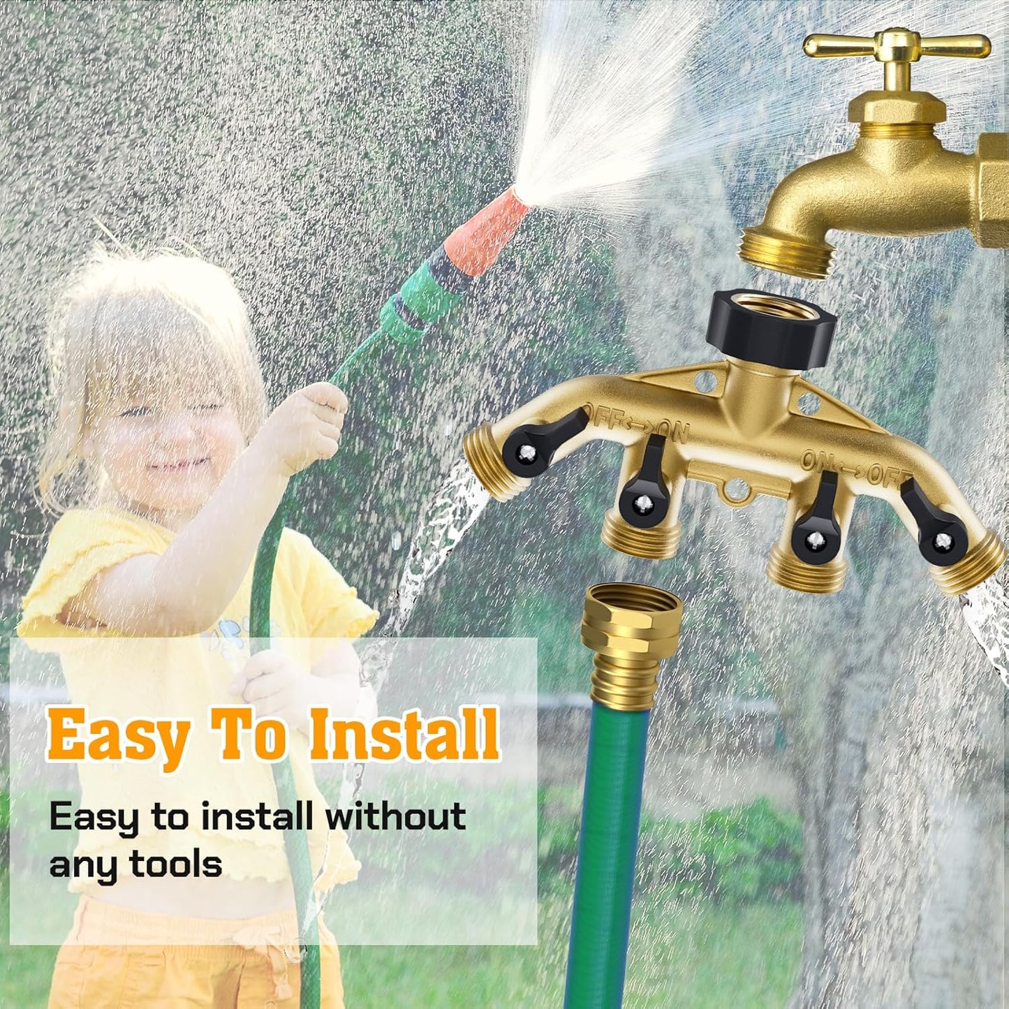 4 Way Brass Garden Hose Splitter, Hose Connector 3/4 Inch, with 6 Rubber Washers and 1 Tape