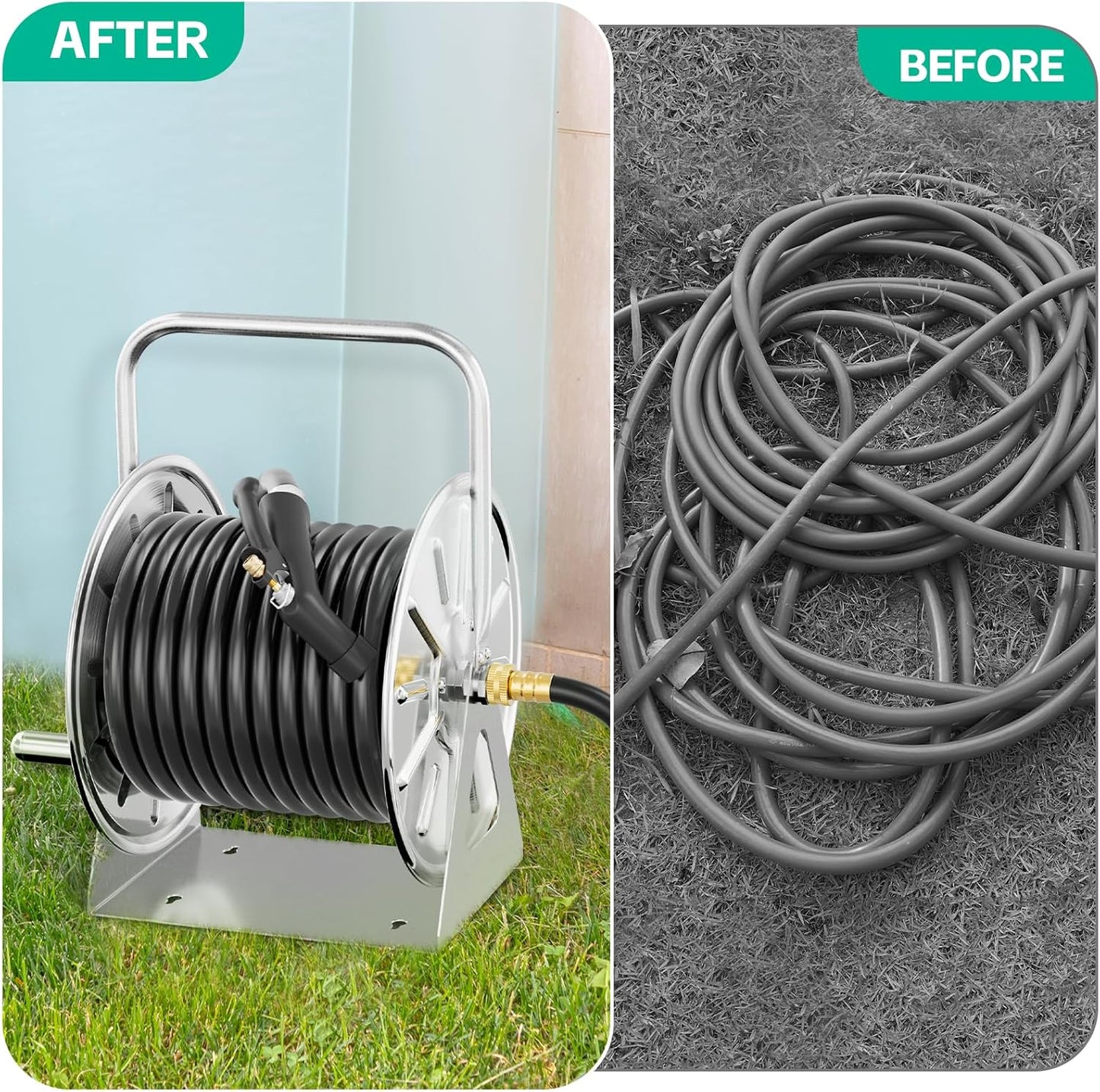Stainless Steel Garden Hose Reel, Wall Mount/Floor Spool, with 7ft Leader Water Pipe, 3/4 Brass Connector