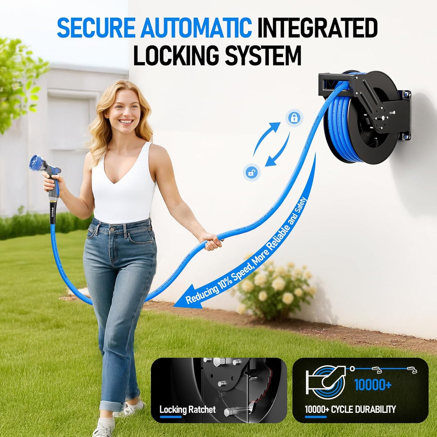 Retractable Hose Reel with 5/8'' Hot/Cold Garden Water Pipe 50ft and 6ft Lead Hoses, -50℉ -190℉, Heavy Duty Metal Wall Mount Spool