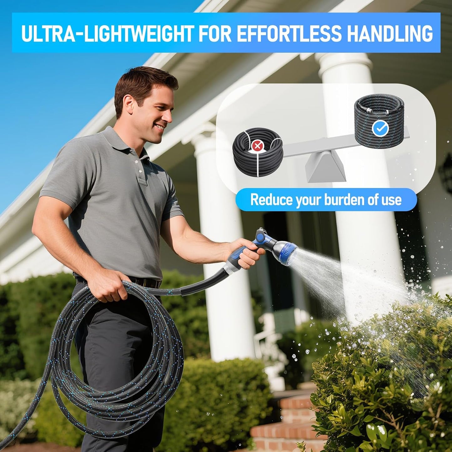 Non-Expanding & Lightweight Stainless Steel Hose with 8 Pattern Spray Nozzle, 25/50/75/100 Ft