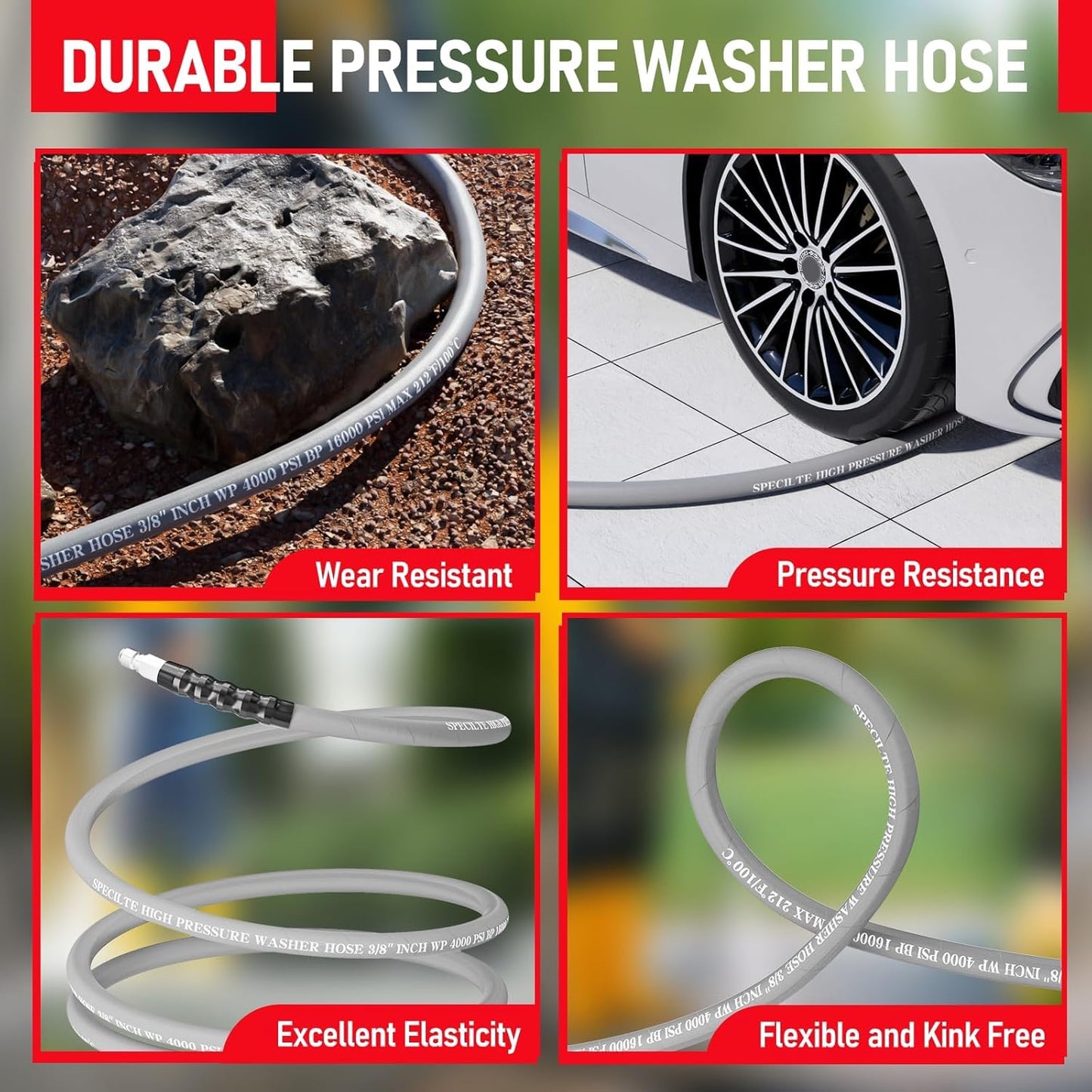 3/8" Pressure Washer Hose with 2 M22-14mm QC Adapters, Heavy Duty and Kink Resistant