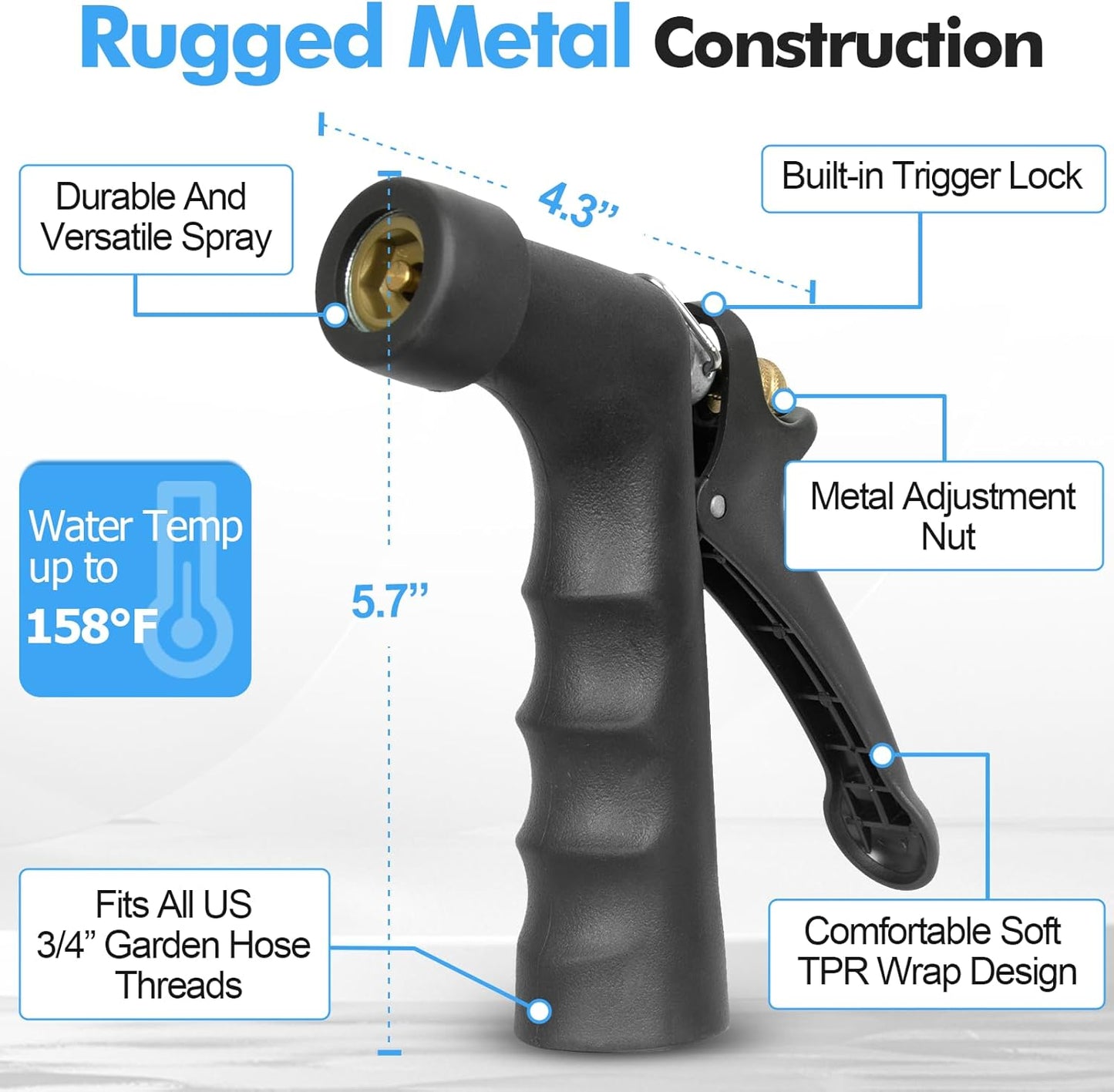 3/4" Hot/Cold Garden Hose with Industrial High Pressure Nozzle, Flexible & Lightweight, -50℉-158℉ with 3/4" Brass Fittings, 25/50/75/100/150/200 Ft