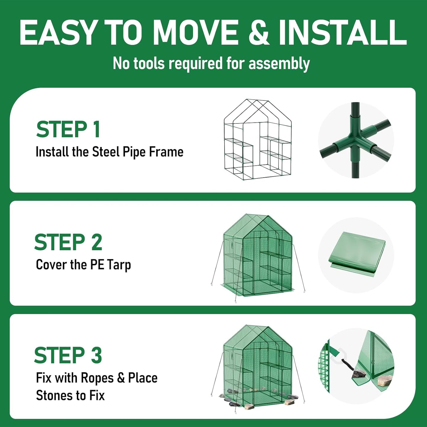 Walk-in Greenhouse with Thicken PE Cover and Steel Frame, 56×56×78Inch