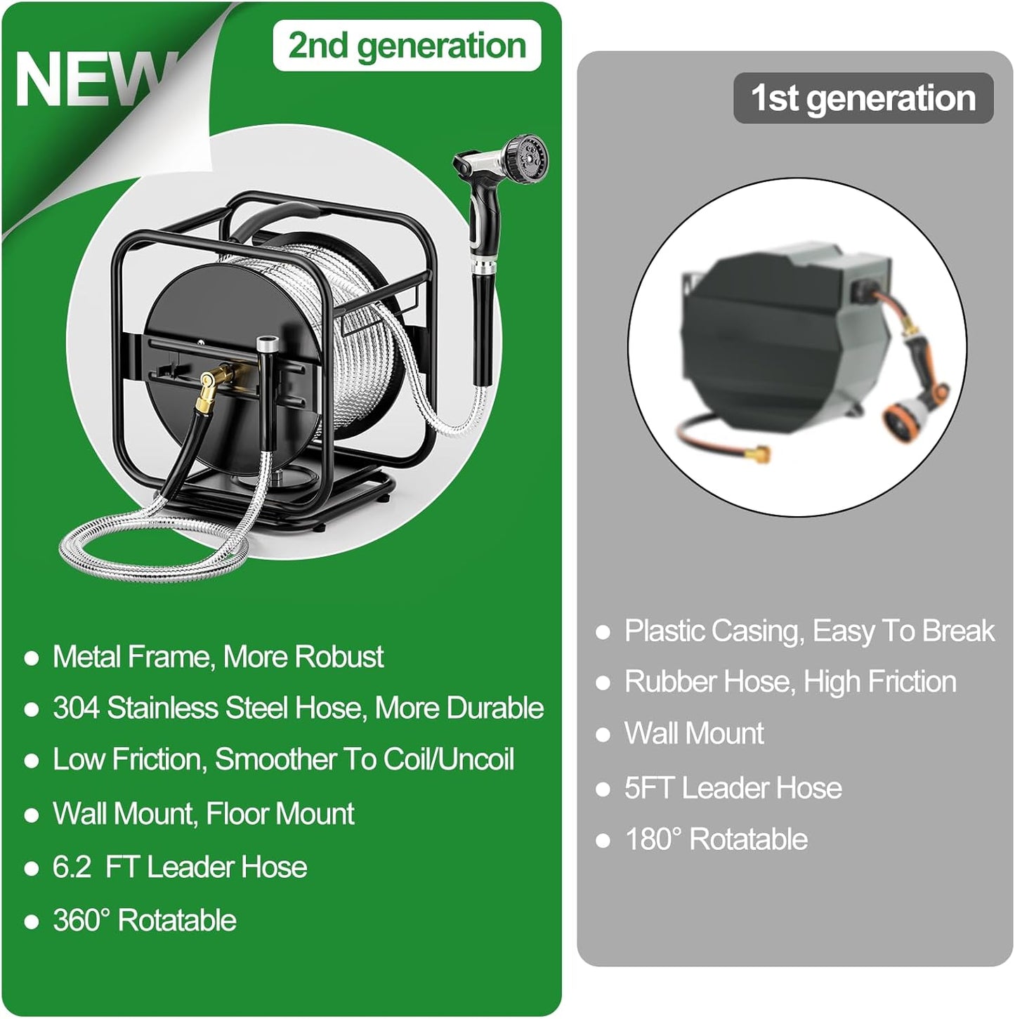 Metal Garden Hose Reel With 100 Ft 304 Stainless Steel Hose & Aluminum Nozzle, Wall Mount/Floor Spool