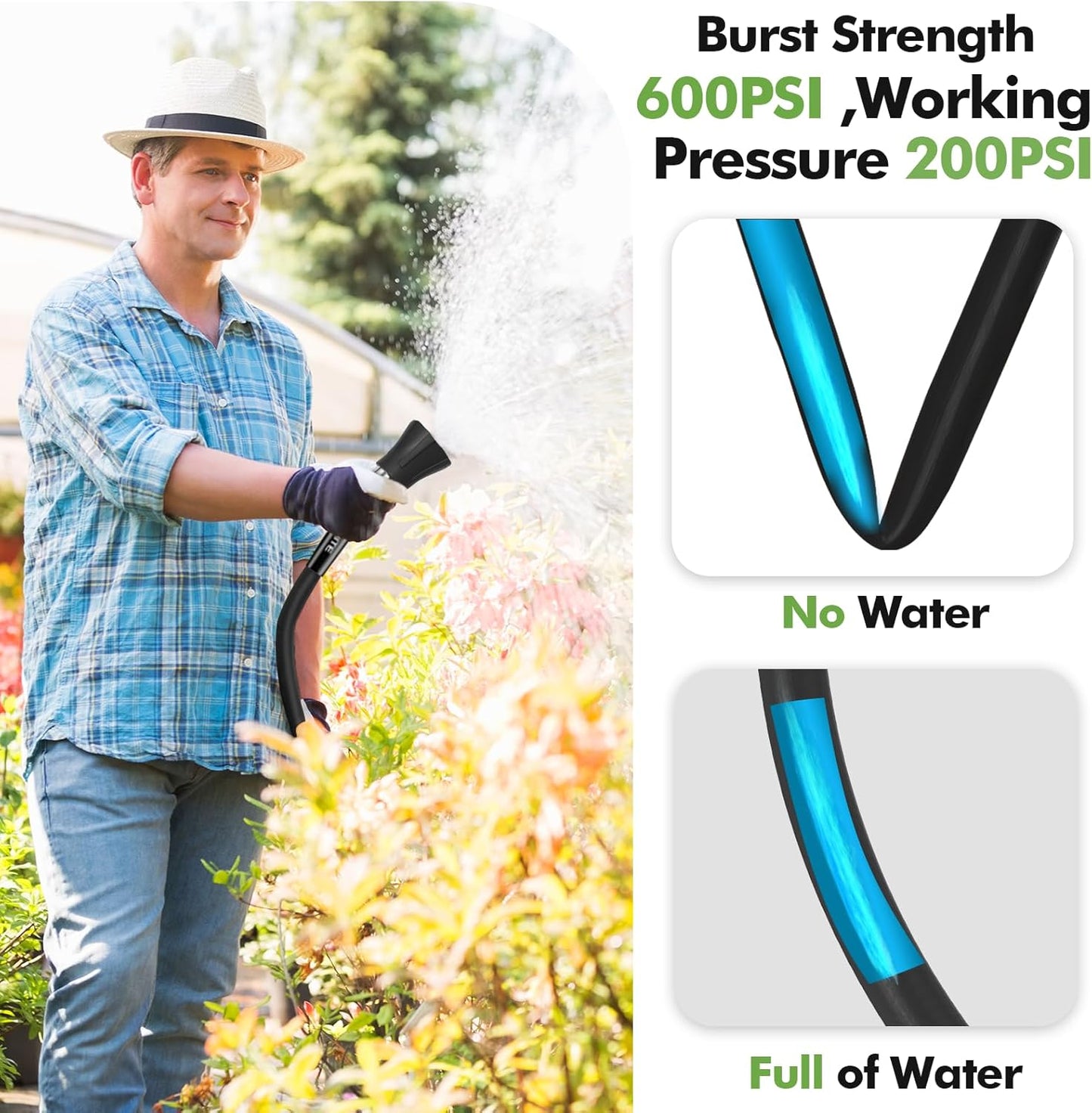 5/8"Hybrid Rubber Water Garden Hose with High Flow Nozzle
