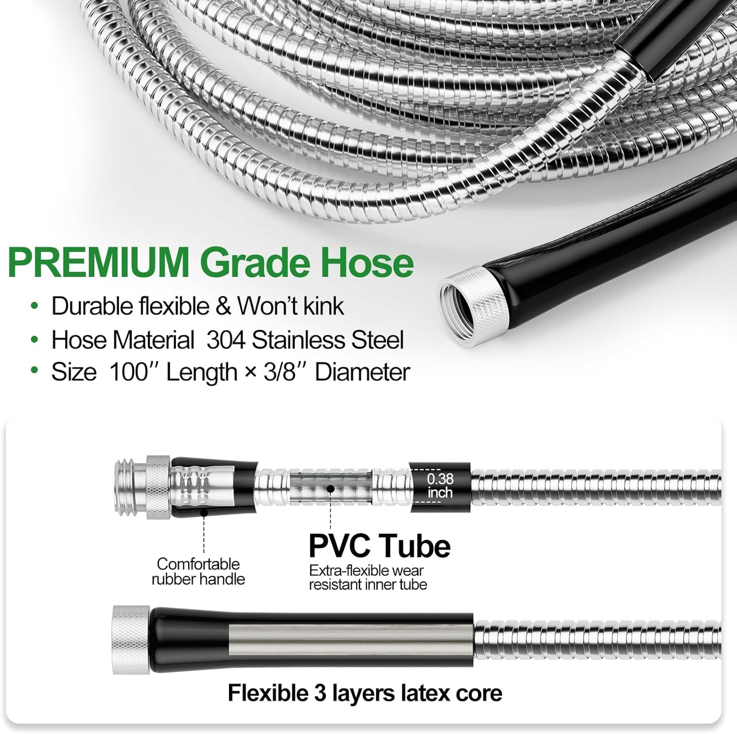 Metal Garden Hose Reel With 100 Ft 304 Stainless Steel Hose & Aluminum Nozzle, Wall Mount/Floor Spool