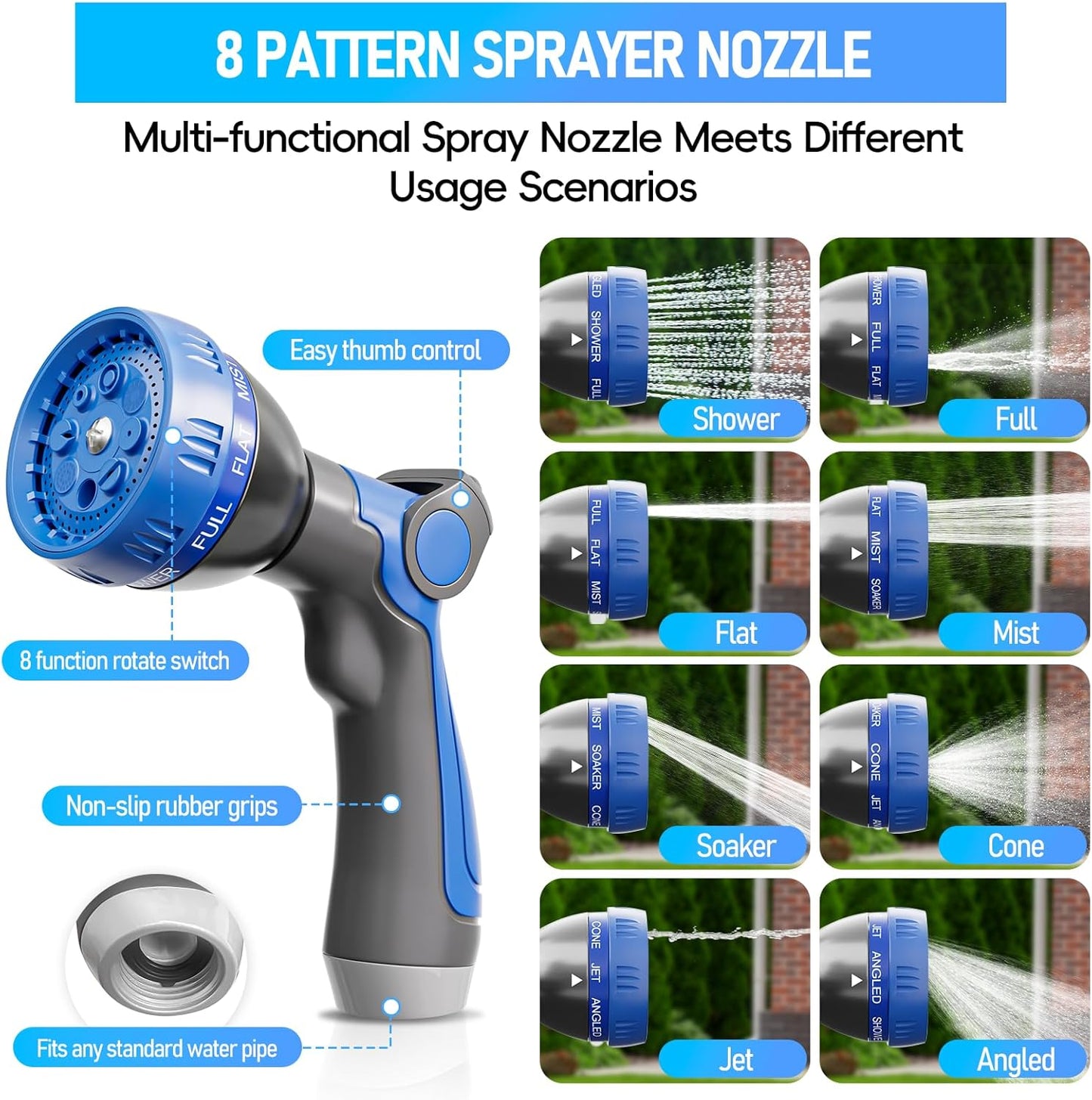 Non-Expanding & Lightweight Stainless Steel Hose with 8 Pattern Spray Nozzle, 25/50/75/100 Ft