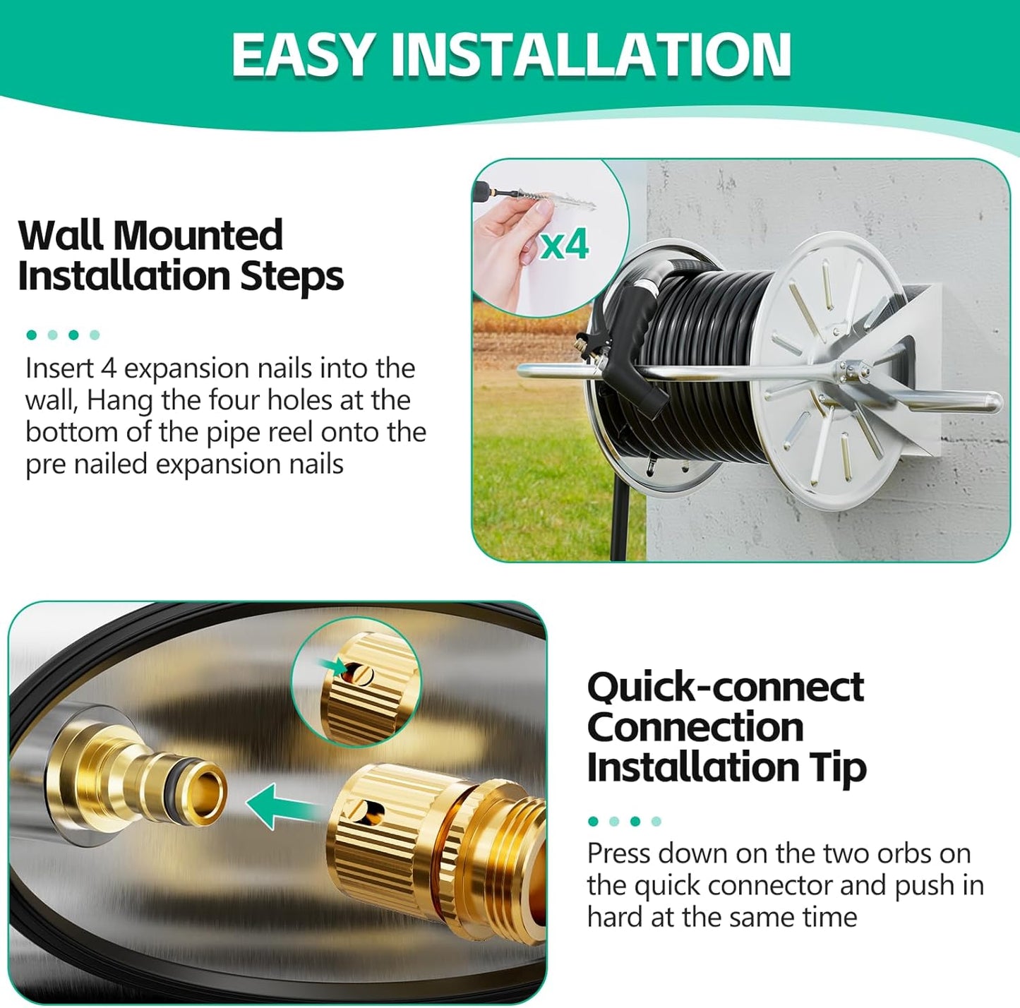 Stainless Steel Garden Hose Reel, Wall Mount/Floor Spool, with 7ft Leader Water Pipe, 3/4 Brass Connector