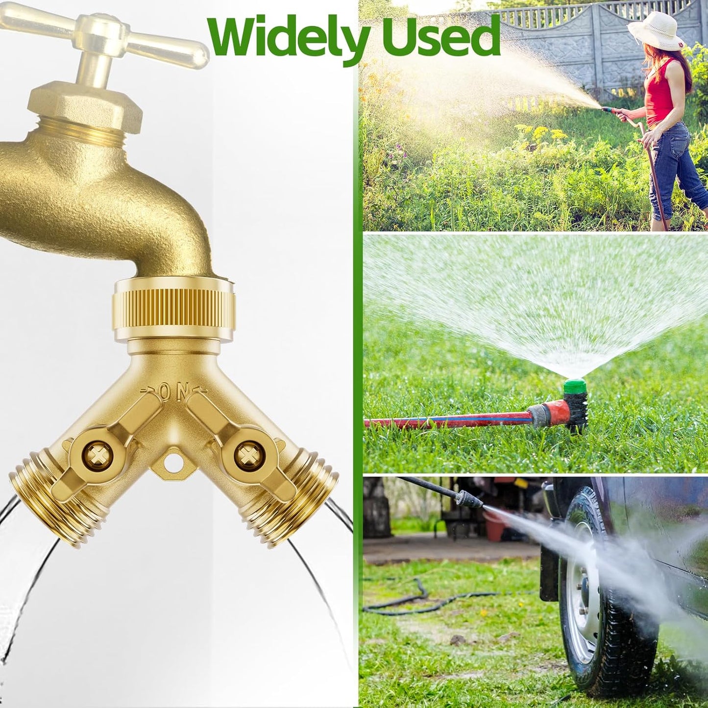 2 Way Full Brass Garden Hose Splitter with 6 Extra Rubber Washers, 1 Teflon Tape
