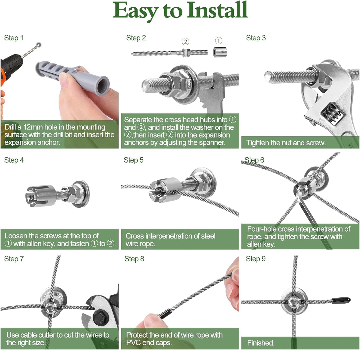 Wire Trellis for Climbing Plants Outdoor, 30-Set T316 Stainless Steel Kit, 1/8in x 150ft Ropes with Cable Cutter