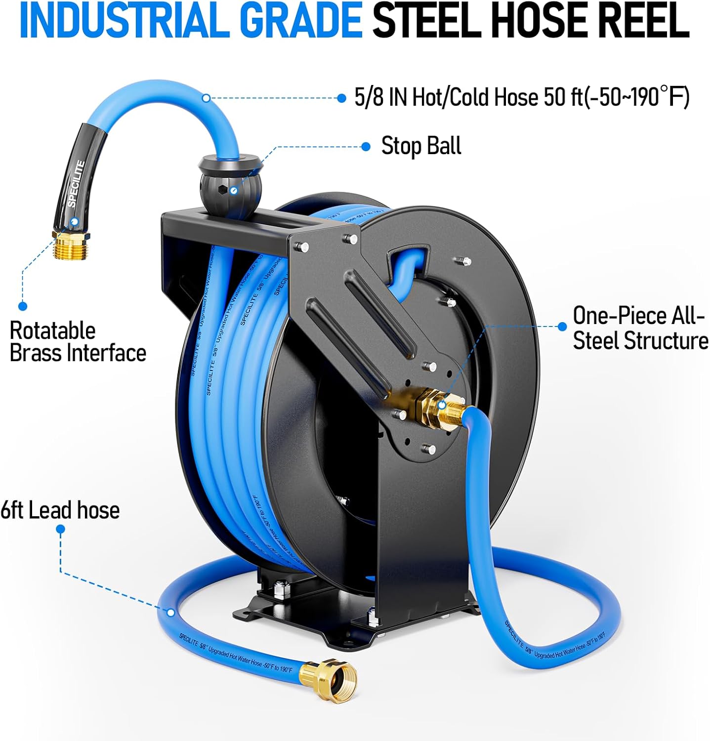 Retractable Hose Reel with 5/8'' Hot/Cold Garden Water Pipe 50ft and 6ft Lead Hoses, -50℉ -190℉, Heavy Duty Metal Wall Mount Spool
