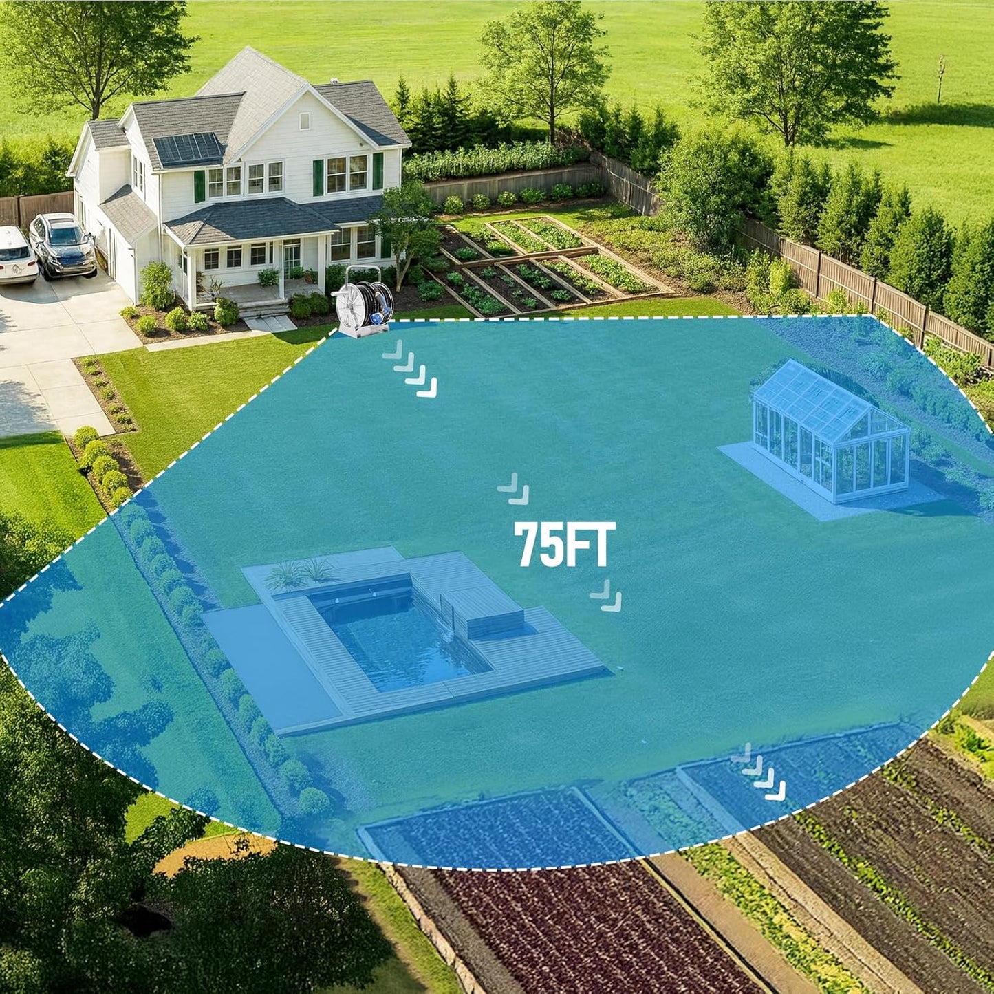 Stainless Steel Garden Hose Reel with 5/8" 75FT Hybrid Rubber Hose and 6FT Leader Pipe, Wall/Floor Metal Mounted Storage Spool, UV Resistant