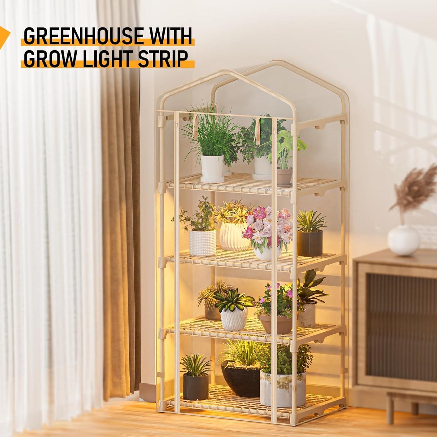 4 Tiers Indoor/Outdoor Mini Greenhouse with Zip, PVC Cover and Dimmable 45W Full Spectrum Plant Light with Timer