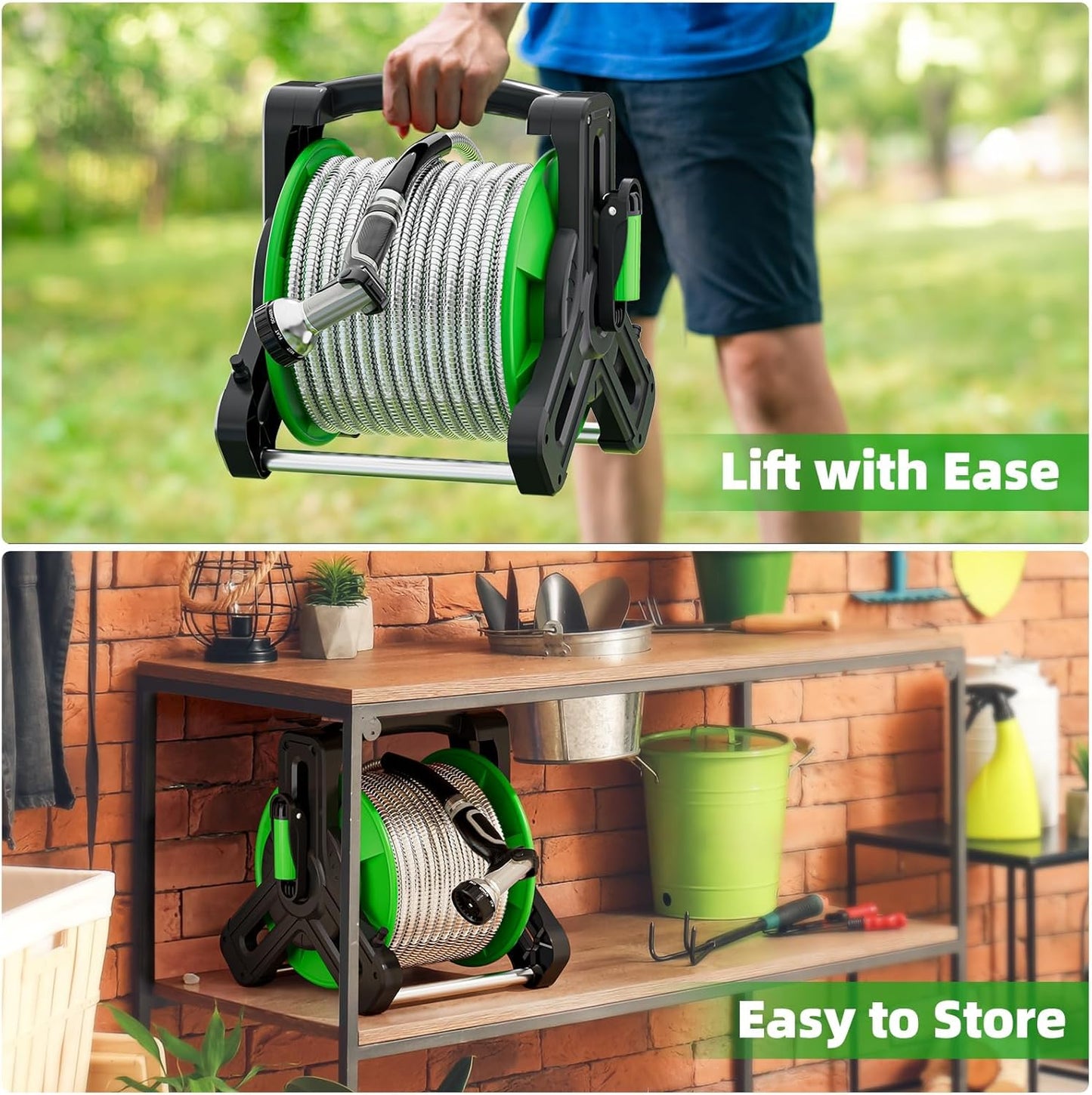 Portable Garden Hose Reel with 75ft 304 Stainless Steel Water Pipe, 6.5Ft Guide Water Pipe, Wall Mount/Floor Spool