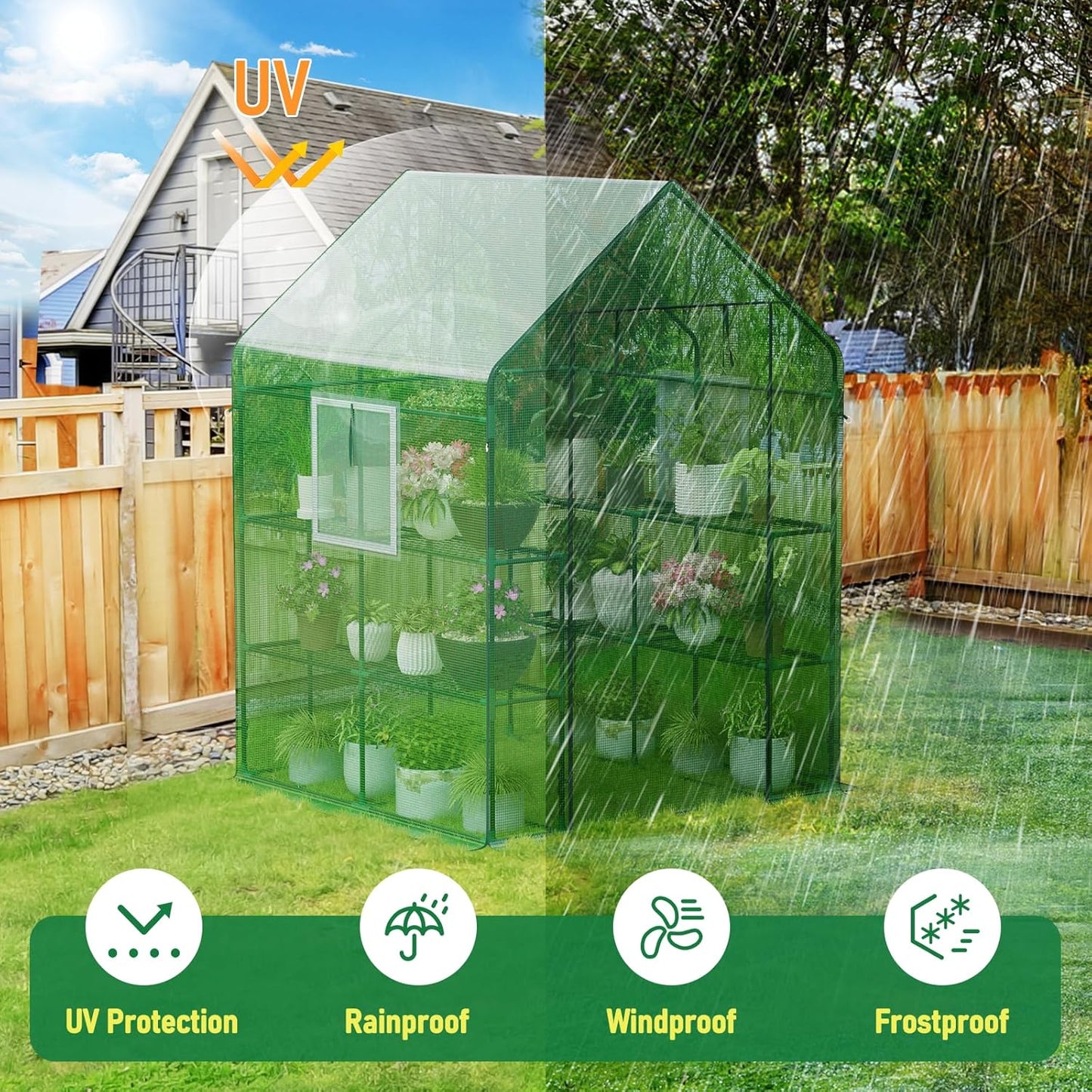 Walk-in Greenhouse with Thicken PE Cover and Steel Frame, 56×56×78Inch