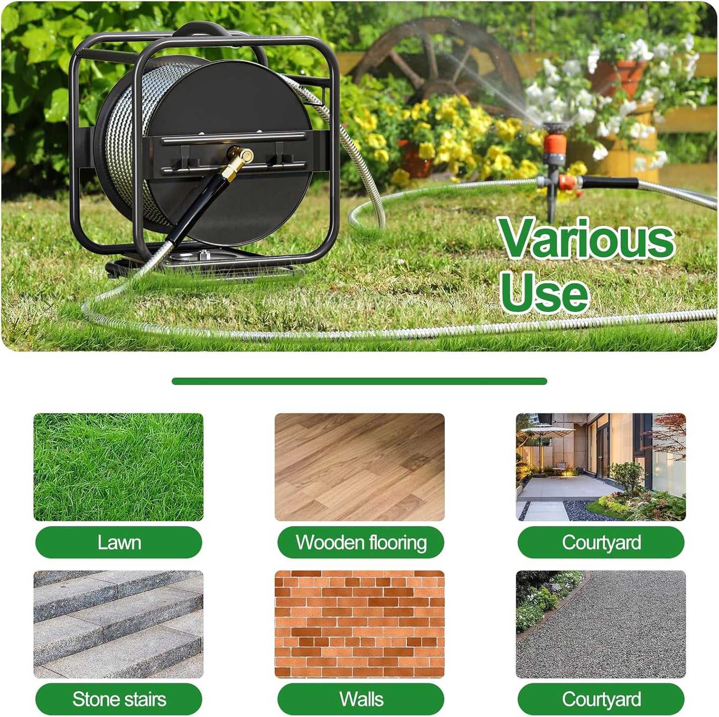 Metal Garden Hose Reel With 100 Ft 304 Stainless Steel Hose & Aluminum Nozzle, Wall Mount/Floor Spool